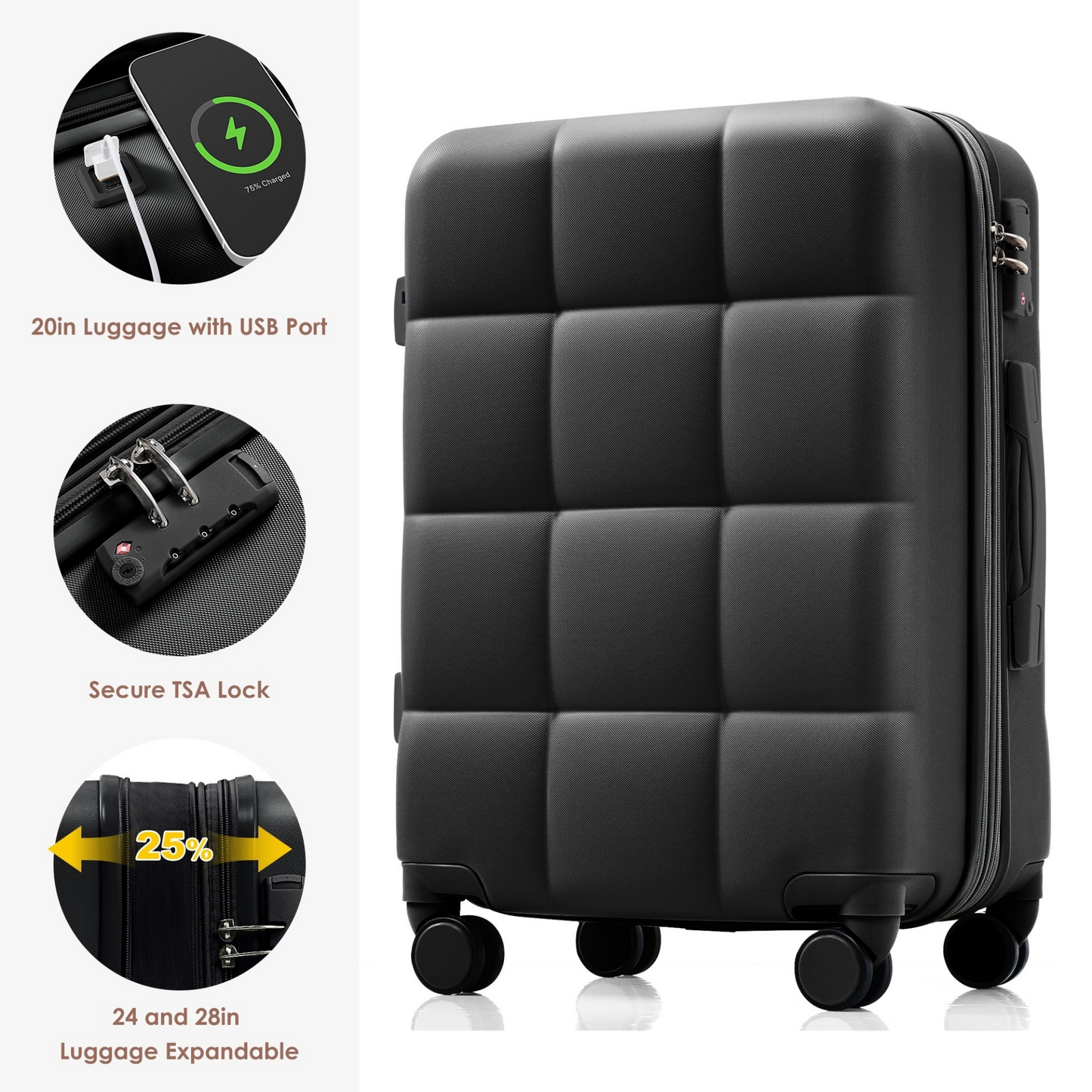 Luggage Set of 3, 20-inch with USB Port, Airline Certified Carry-on Luggage with Cup Holder, ABS Hard Shell Luggage with Spinner Wheels, black