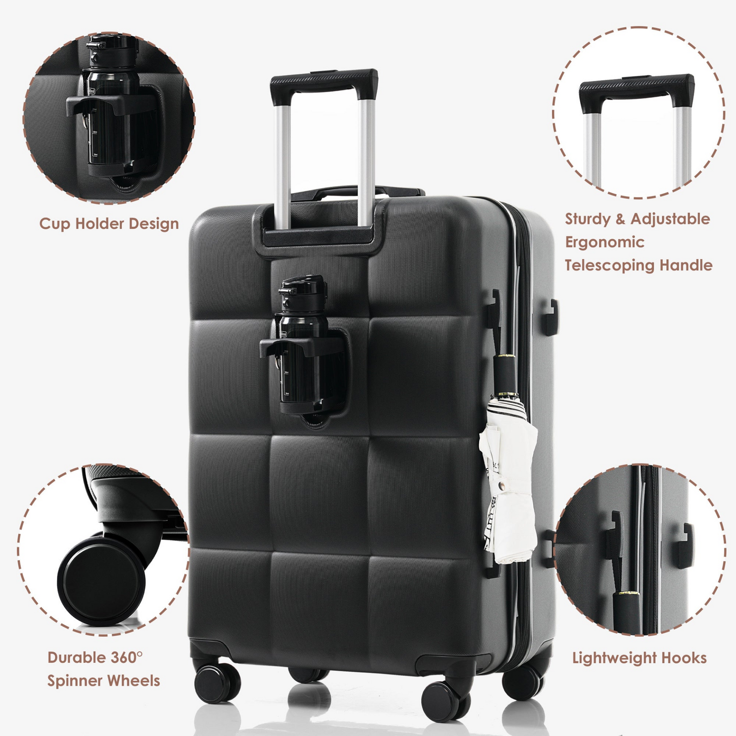 Luggage Set of 3, 20-inch with USB Port, Airline Certified Carry-on Luggage with Cup Holder, ABS Hard Shell Luggage with Spinner Wheels, black