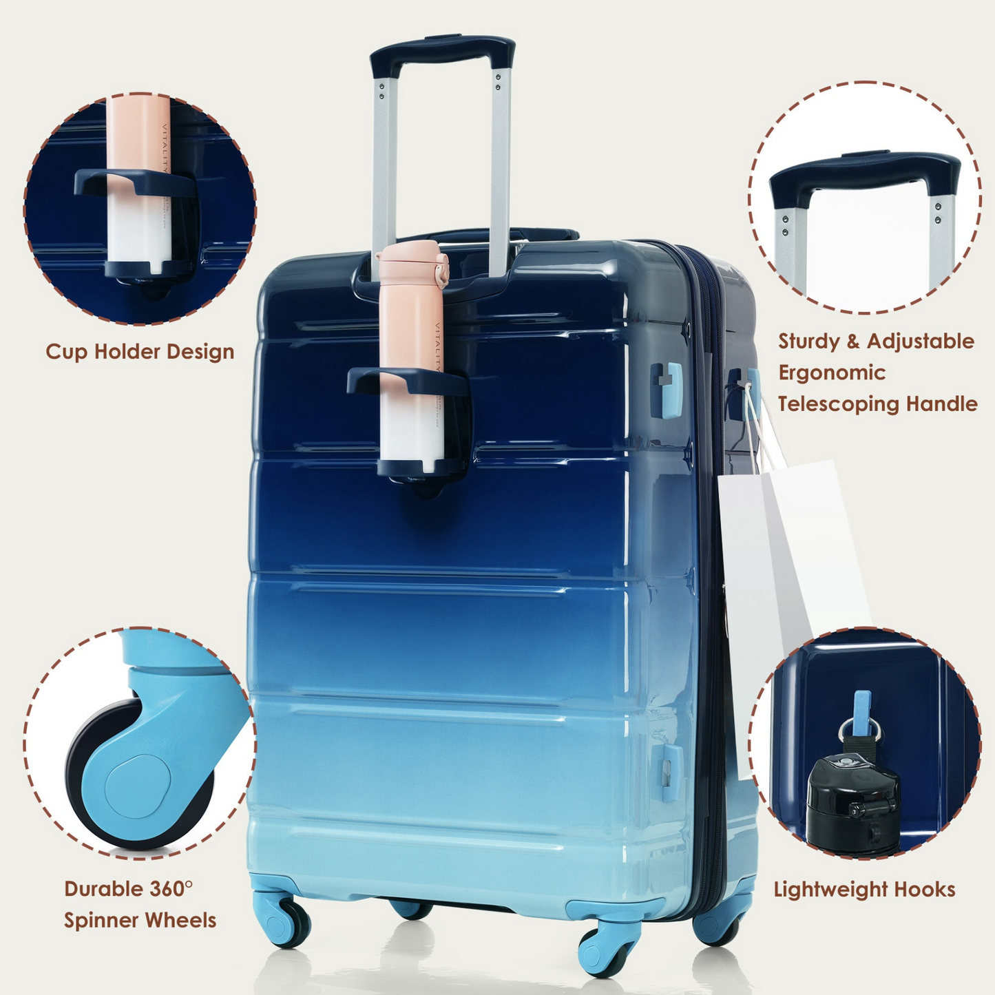 Luggage Sets 4 Piece, 20-inch with USB Port, Expandable ABS Durable Suitcase with Travel Bag, Cup Holder, ABS+PC Hard Shell Luggage with Spinner Wheels, Gradient Blue