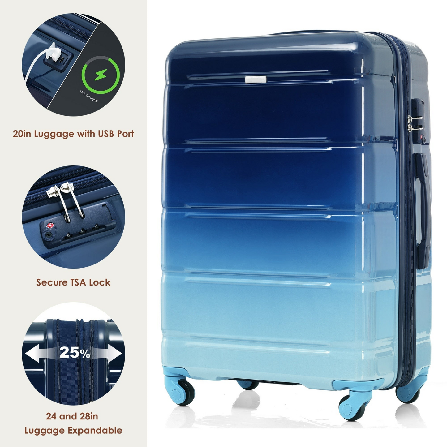 Luggage Sets 4 Piece, 20-inch with USB Port, Expandable ABS Durable Suitcase with Travel Bag, Cup Holder, ABS+PC Hard Shell Luggage with Spinner Wheels, Gradient Blue