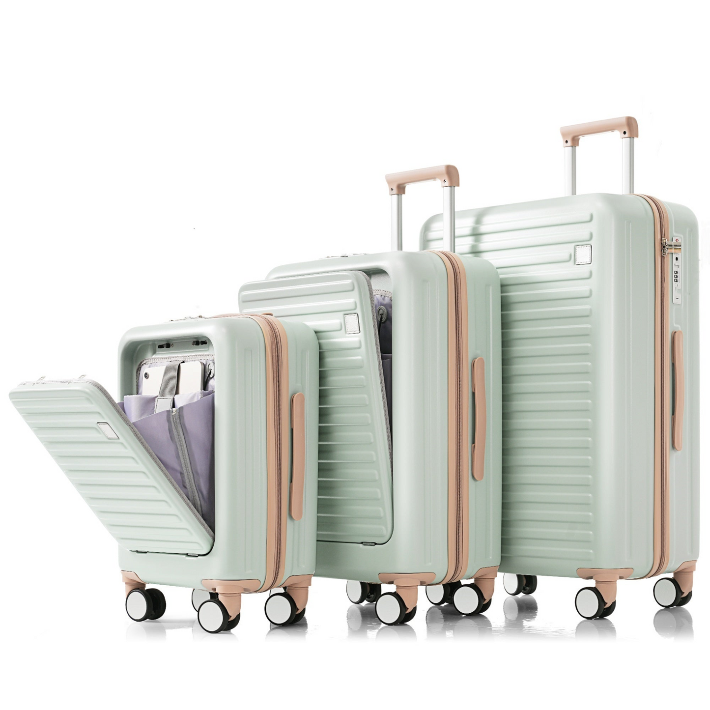 Luggage Set of 3, 20, 24, 28inch with USB Port, 20, 24inch with front opening design Airline Certified Carry on Luggage with Cup Holder, ABS Hard Shell Luggage with Spinner Wheels, grey green