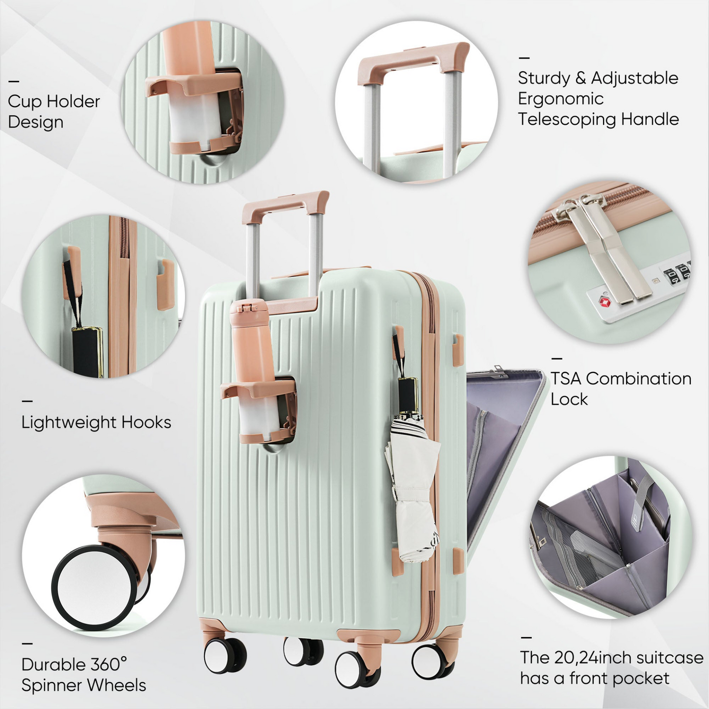 Luggage Set of 3, 20, 24, 28inch with USB Port, 20, 24inch with front opening design Airline Certified Carry on Luggage with Cup Holder, ABS Hard Shell Luggage with Spinner Wheels, grey green
