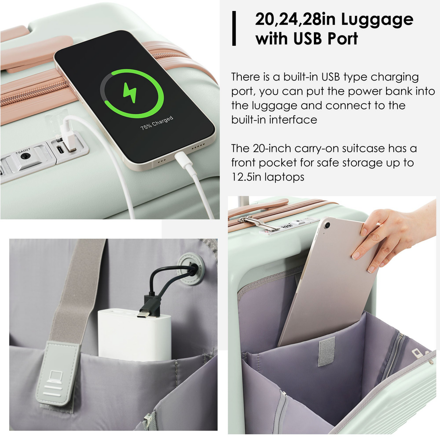 Luggage Set of 3, 20, 24, 28inch with USB Port, 20, 24inch with front opening design Airline Certified Carry on Luggage with Cup Holder, ABS Hard Shell Luggage with Spinner Wheels, grey green