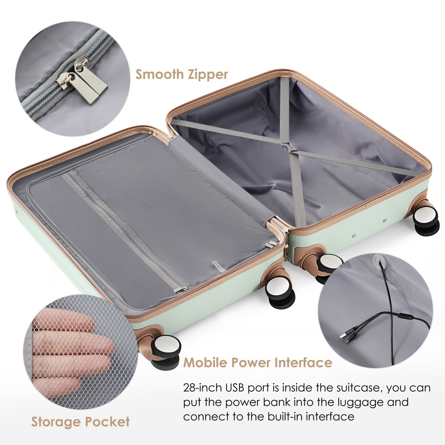 Luggage Set of 3, 20, 24, 28inch with USB Port, 20, 24inch with front opening design Airline Certified Carry on Luggage with Cup Holder, ABS Hard Shell Luggage with Spinner Wheels, grey green
