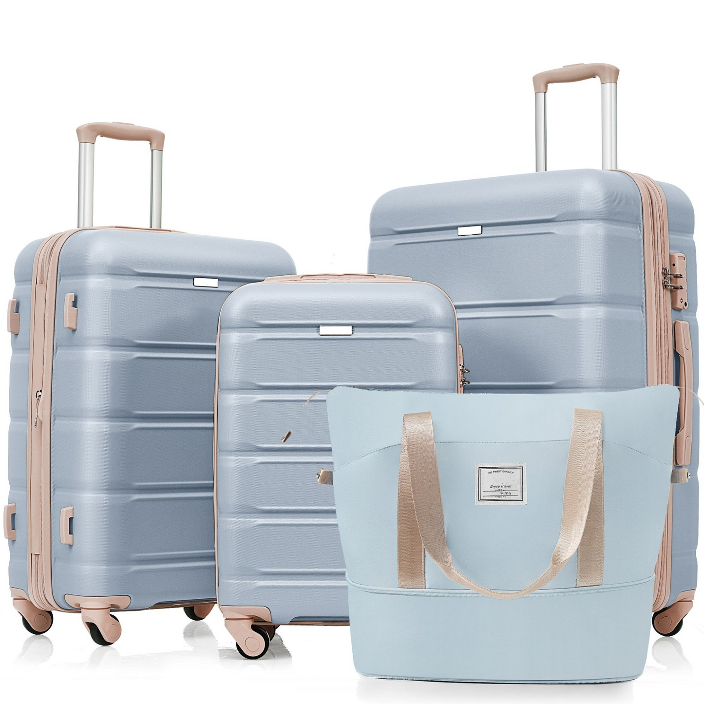 Luggage Sets 4 Piece, 20-inch with USB Port, Expandable ABS Durable Suitcase with Travel Bag, Cup Holder, ABS Hard Shell Luggage with Spinner Wheels, light blue and golden