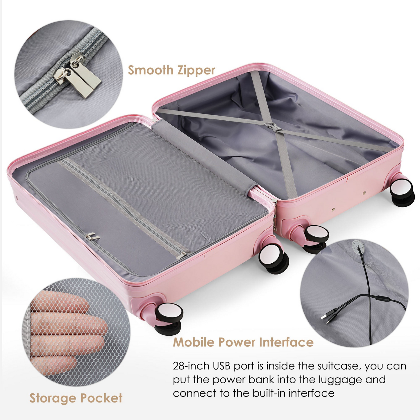 Luggage Set of 3, 20, 24, 28inch with USB Port, 20, 24inch with front opening design Airline Certified Carry on Luggage with Cup Holder, ABS Hard Shell Luggage with Spinner Wheels, pink