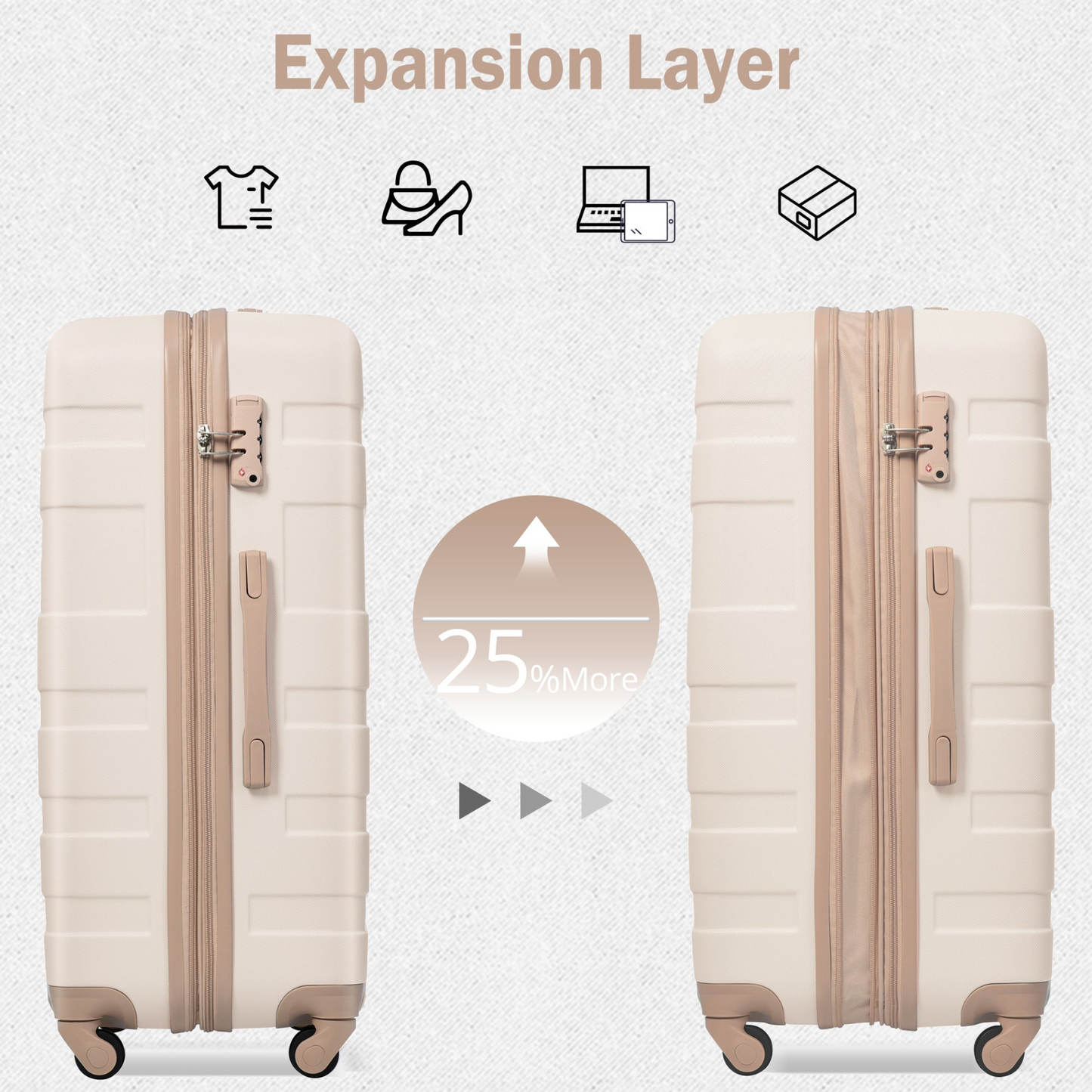 Luggage Sets 4 Piece, Expandable ABS Durable Suitcase with Travel Bag, Carry On Luggage Suitcase Set with 360° Spinner Wheels, ivory and golden