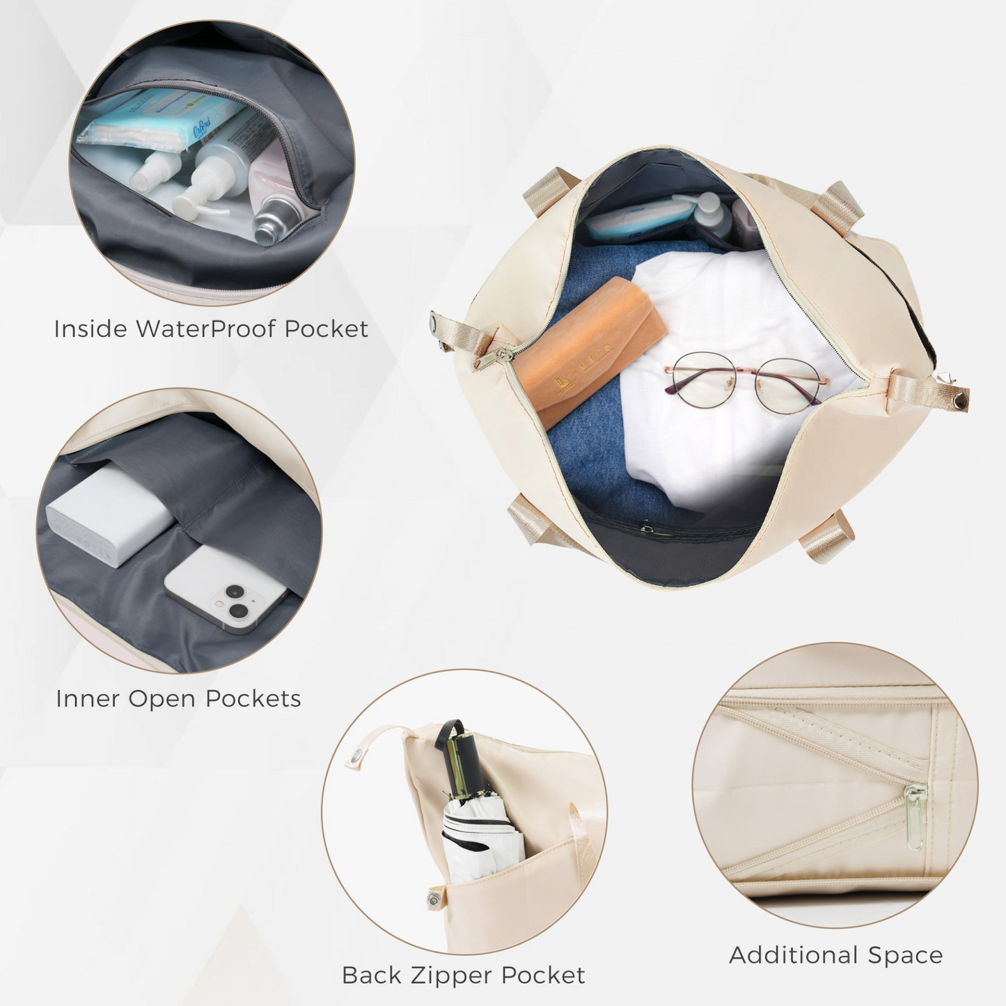 Luggage Sets 4 Piece, Expandable ABS Durable Suitcase with Travel Bag, Carry On Luggage Suitcase Set with 360° Spinner Wheels, ivory and golden