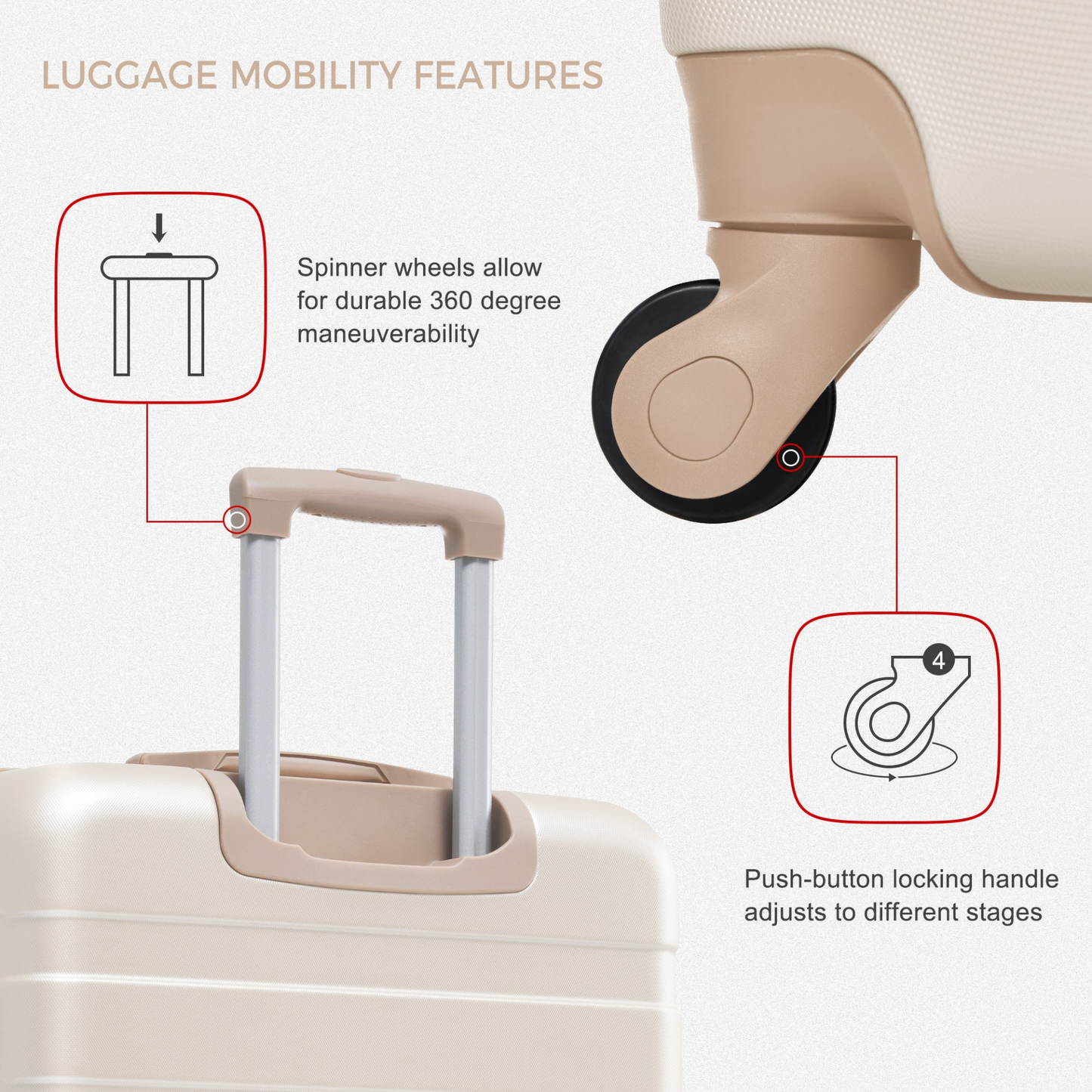 Luggage Sets 4 Piece, Expandable ABS Durable Suitcase with Travel Bag, Carry On Luggage Suitcase Set with 360° Spinner Wheels, ivory and golden