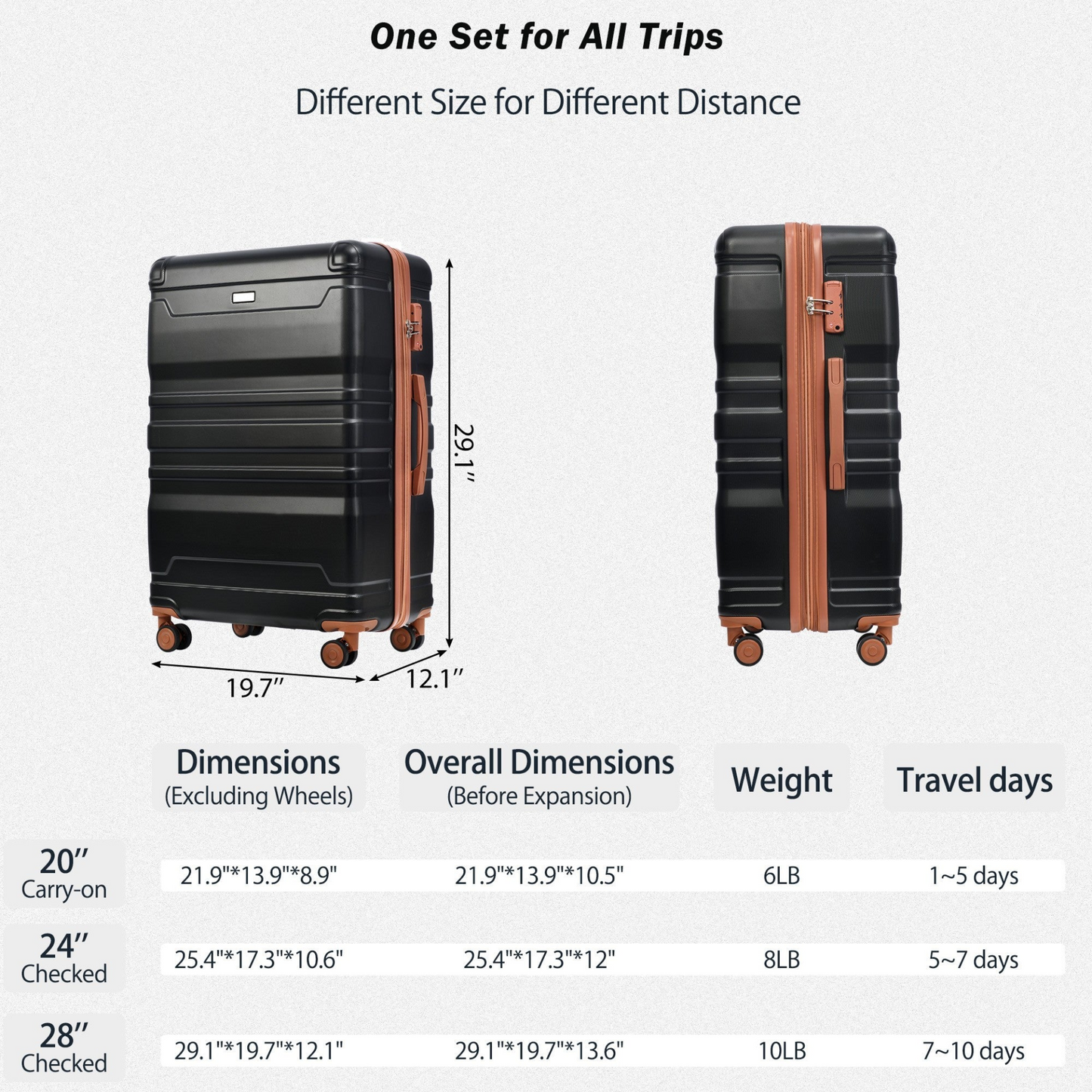 Luggage Sets 4 Piece, Expandable ABS Durable Suitcase with Travel Bag, Carry On Luggage Suitcase Set with 360° Spinner Wheels, black and brown