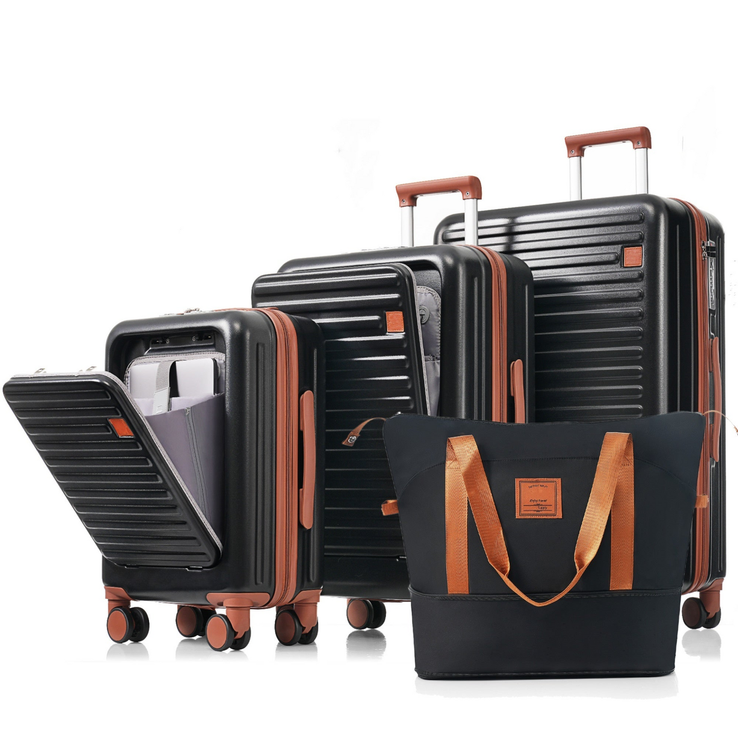 Luggage Set of 4, 20, 24, 28inch with USB Port, 20, 24inch with front opening design Airline Certified Carry on Luggage with Cup Holder, ABS Hard Shell Luggage with Expandable Travel Bag, black