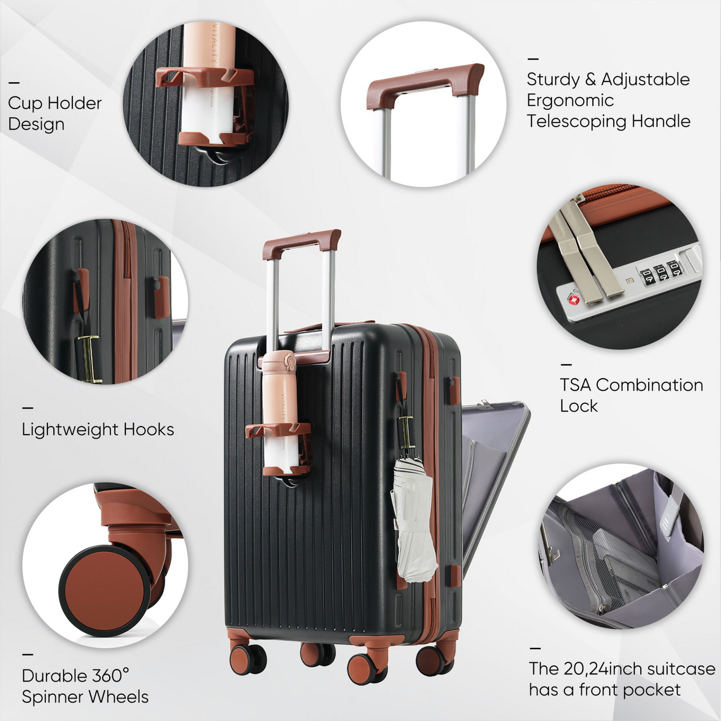 Luggage Set of 4, 20, 24, 28inch with USB Port, 20, 24inch with front opening design Airline Certified Carry on Luggage with Cup Holder, ABS Hard Shell Luggage with Expandable Travel Bag, black