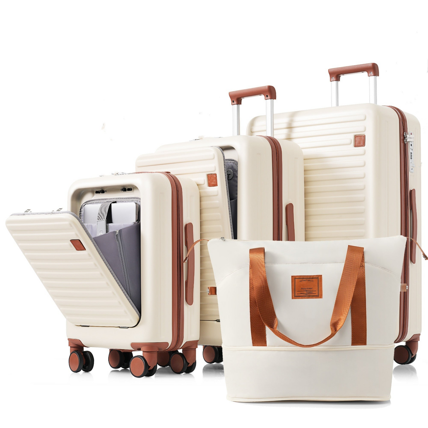 Luggage Set of 4, 20, 24, 28inch with USB Port, 20, 24inch with front opening design Airline Certified Carry on Luggage with Cup Holder, ABS Hard Shell Luggage with Expandable Travel Bag, ivory