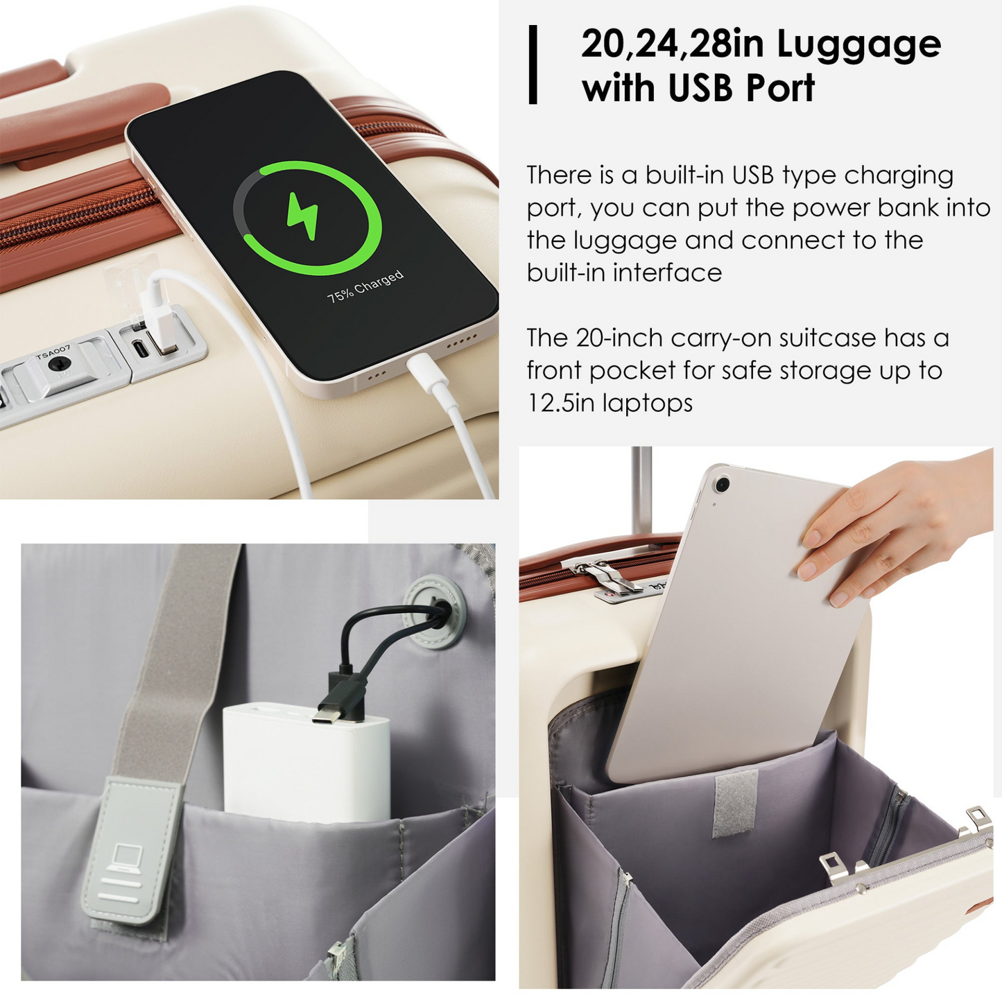 Luggage Set of 4, 20, 24, 28inch with USB Port, 20, 24inch with front opening design Airline Certified Carry on Luggage with Cup Holder, ABS Hard Shell Luggage with Expandable Travel Bag, ivory