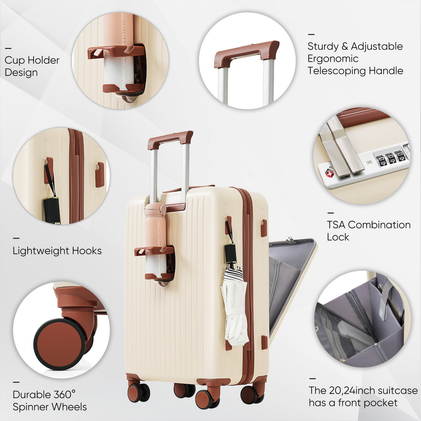 Luggage Set of 4, 20, 24, 28inch with USB Port, 20, 24inch with front opening design Airline Certified Carry on Luggage with Cup Holder, ABS Hard Shell Luggage with Expandable Travel Bag, ivory