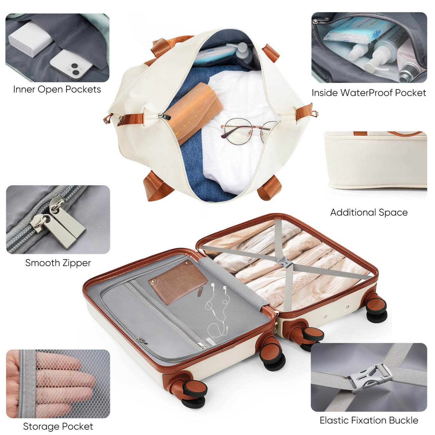 Luggage Set of 4, 20, 24, 28inch with USB Port, 20, 24inch with front opening design Airline Certified Carry on Luggage with Cup Holder, ABS Hard Shell Luggage with Expandable Travel Bag, ivory