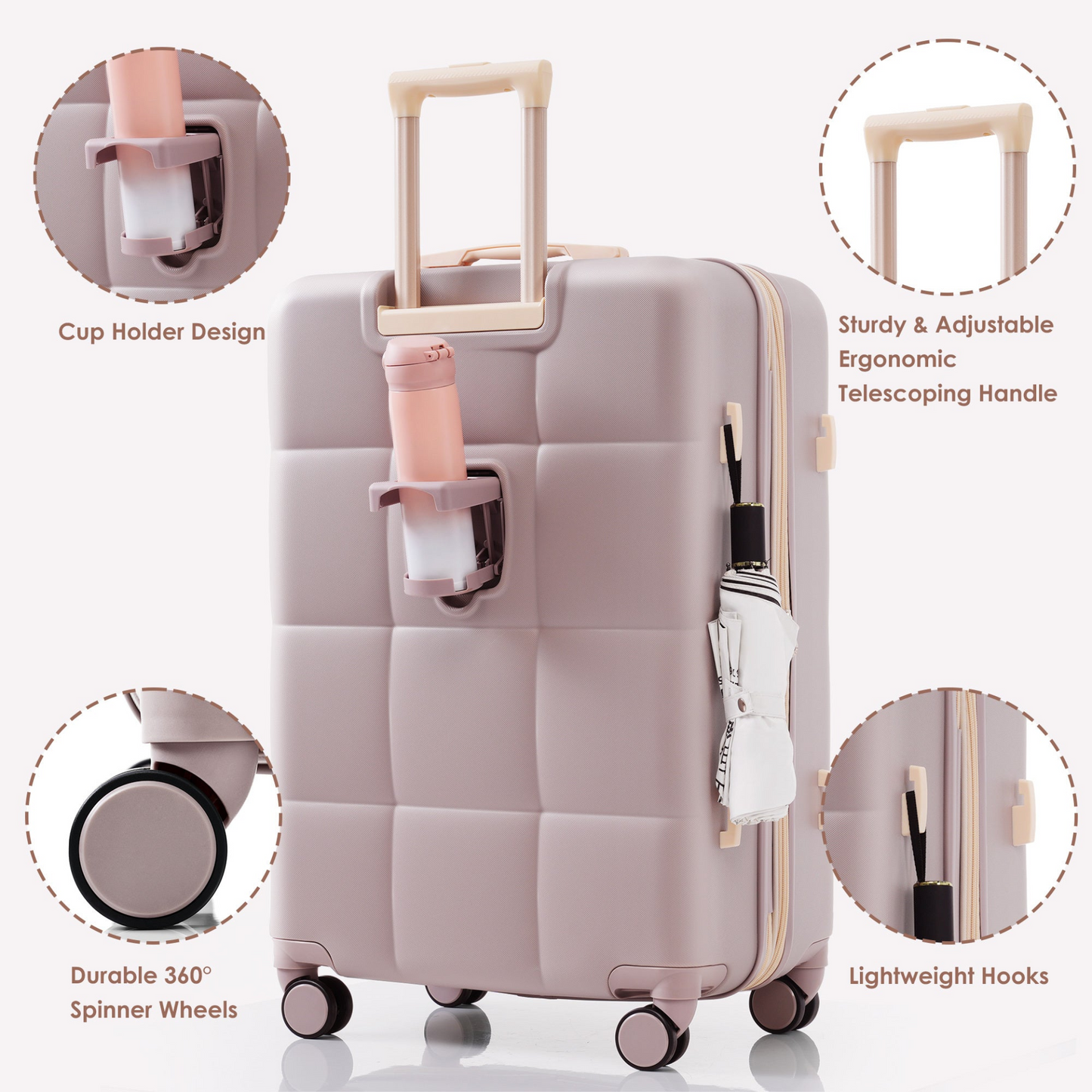Luggage Set of 3, 20-inch with USB Port, Airline Certified Carry-on Luggage with Cup Holder, ABS Hard Shell Luggage with Spinner Wheels, RosyBrown