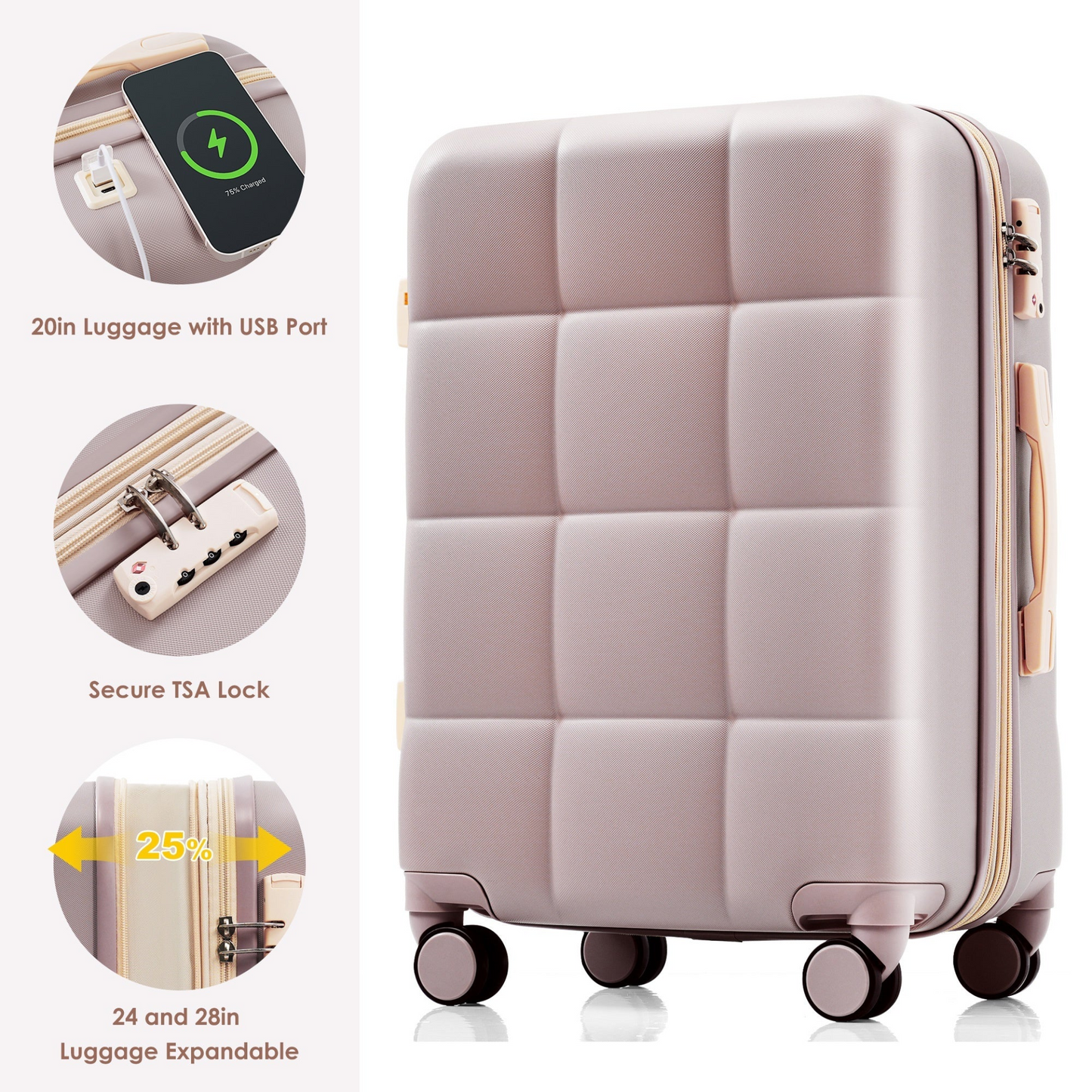 Luggage Set of 3, 20-inch with USB Port, Airline Certified Carry-on Luggage with Cup Holder, ABS Hard Shell Luggage with Spinner Wheels, RosyBrown
