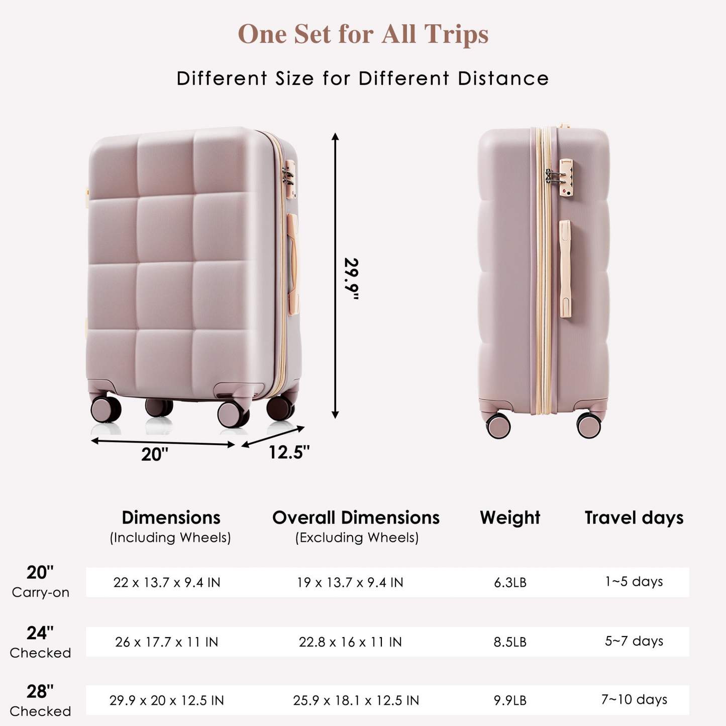 Luggage Set of 3, 20-inch with USB Port, Airline Certified Carry-on Luggage with Cup Holder, ABS Hard Shell Luggage with Spinner Wheels, RosyBrown