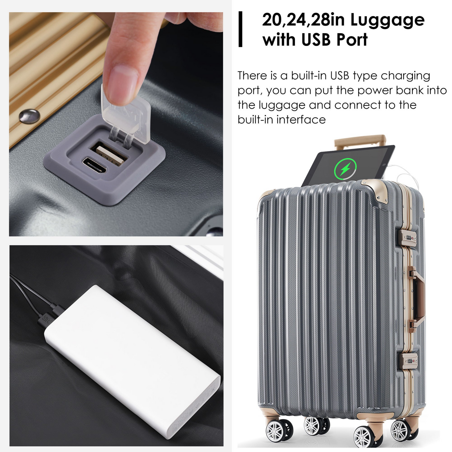 1pc 20in Aluminum Frame Luggage with USB port, Vacation Carry-On Suitcase with Spinner Wheels and TSA Lock, Travel Trolley Case For Short Business Trips, Beach Holidays, dark grey