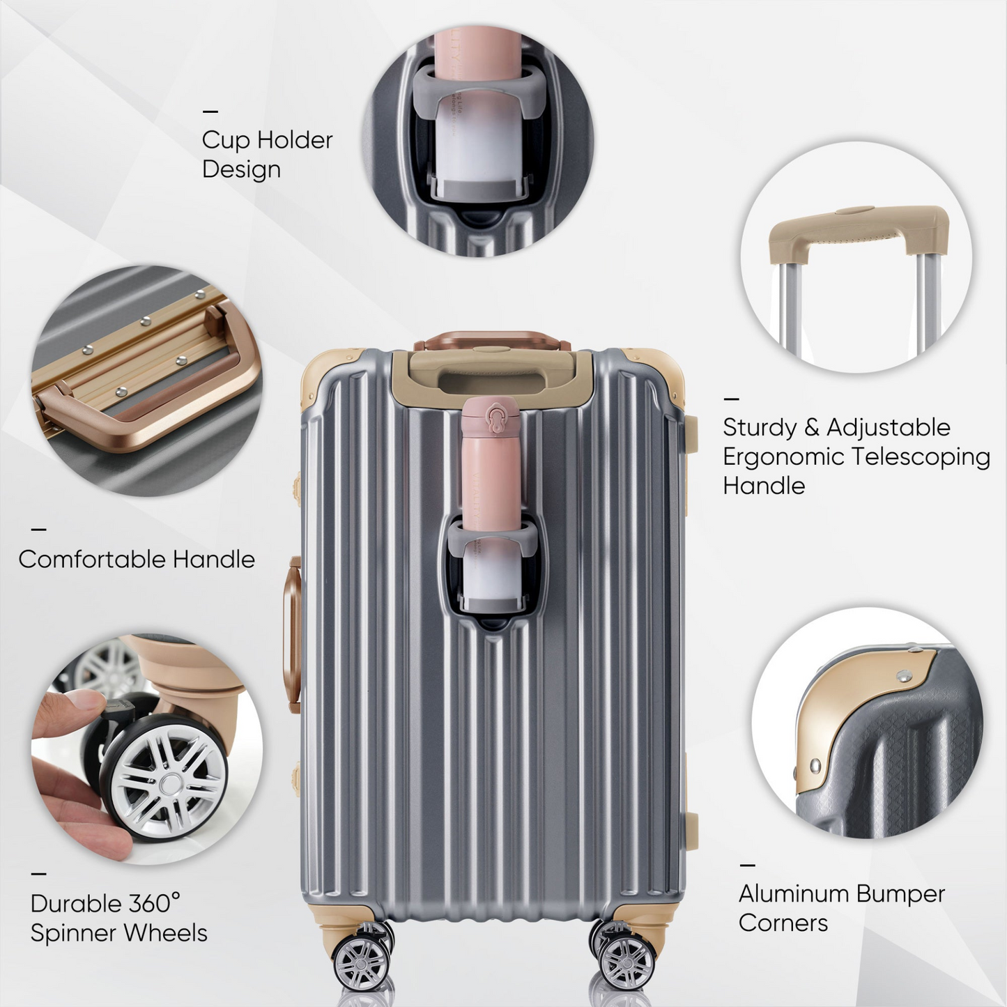1pc 20in Aluminum Frame Luggage with USB port, Vacation Carry-On Suitcase with Spinner Wheels and TSA Lock, Travel Trolley Case For Short Business Trips, Beach Holidays, dark grey