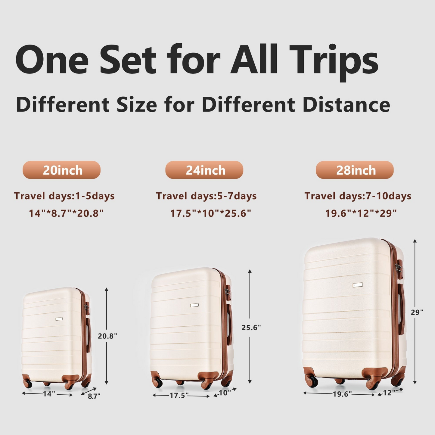 Luggage Sets New Model Expandable ABS Hardshell 3pcs Clearance Luggage Hardside Lightweight Durable Suitcase sets Spinner Wheels Suitcase with TSA Lock 20''24''28''(ivory and brown)