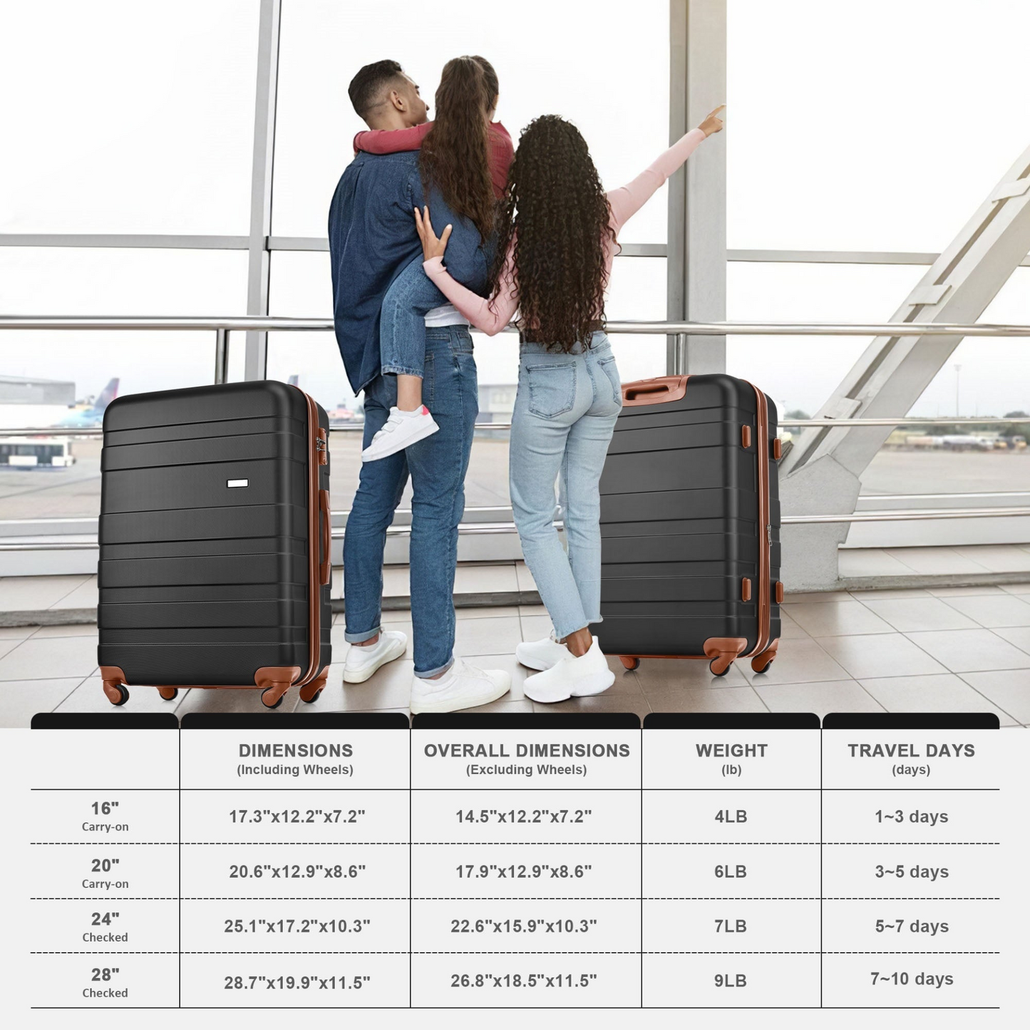 5-Piece Luggage Set with Expandable Travel Bag - Includes 16", 20", 24", 28" Suitcases with 360° Spinner Wheels and Adjustable Telescopic Handles, black and brown