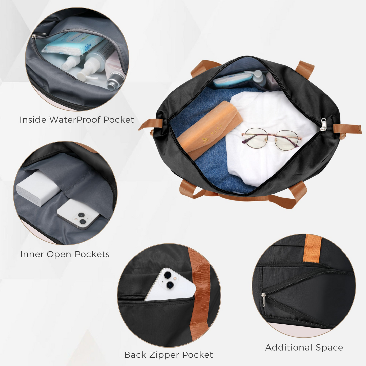 5-Piece Luggage Set with Expandable Travel Bag - Includes 16", 20", 24", 28" Suitcases with 360° Spinner Wheels and Adjustable Telescopic Handles, black and brown