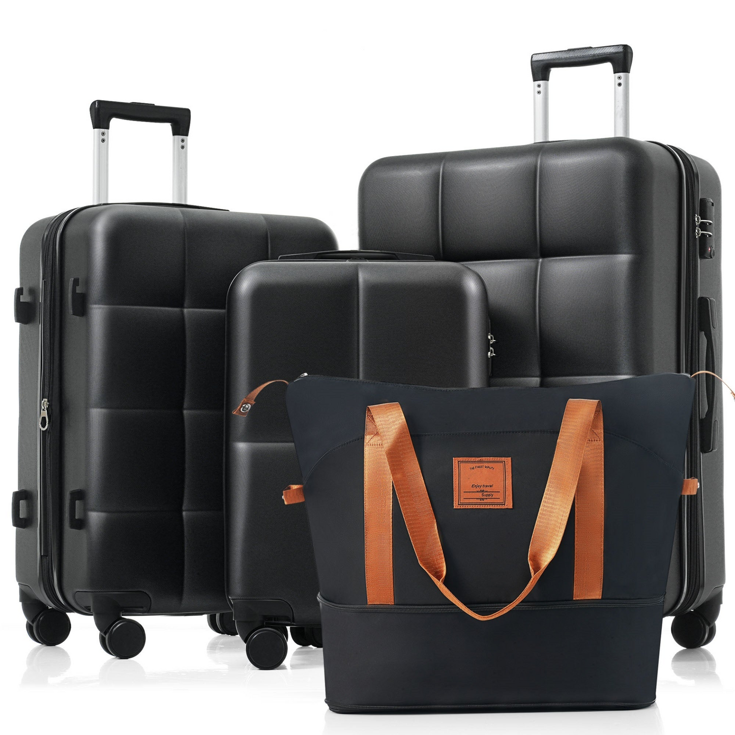Luggage Sets 4 Piece, 20-inch with USB Port, Expandable ABS Durable Suitcase with Travel Bag, Cup Holder, ABS Hard Shell Luggage with Spinner Wheels, black and brown