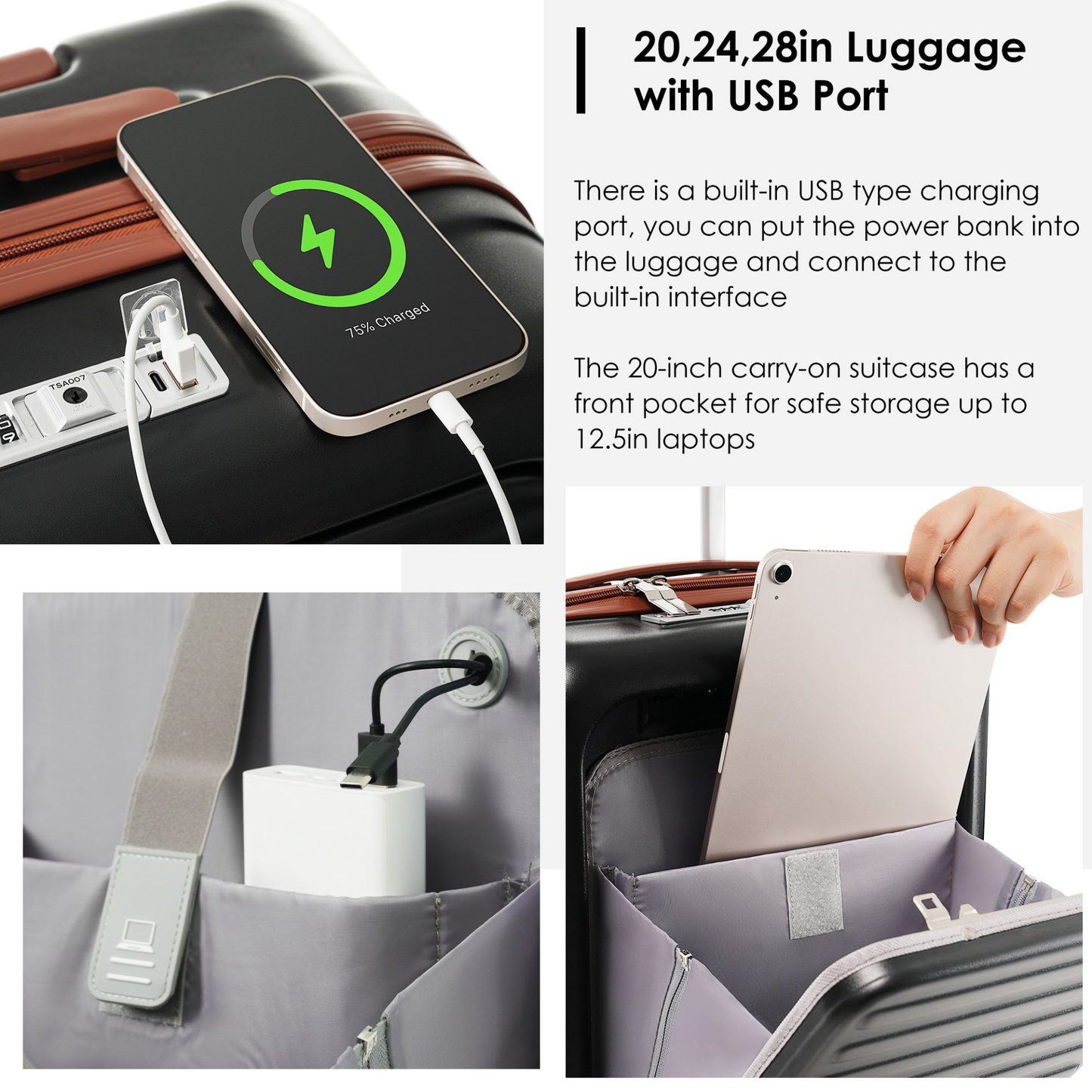 Front Opening 20-Inch Carry-On Luggage with Expandable Travel Bag Set, ABS Hard Shell Two-piece suitcase set with USB Port , Cup Holder, black and brown