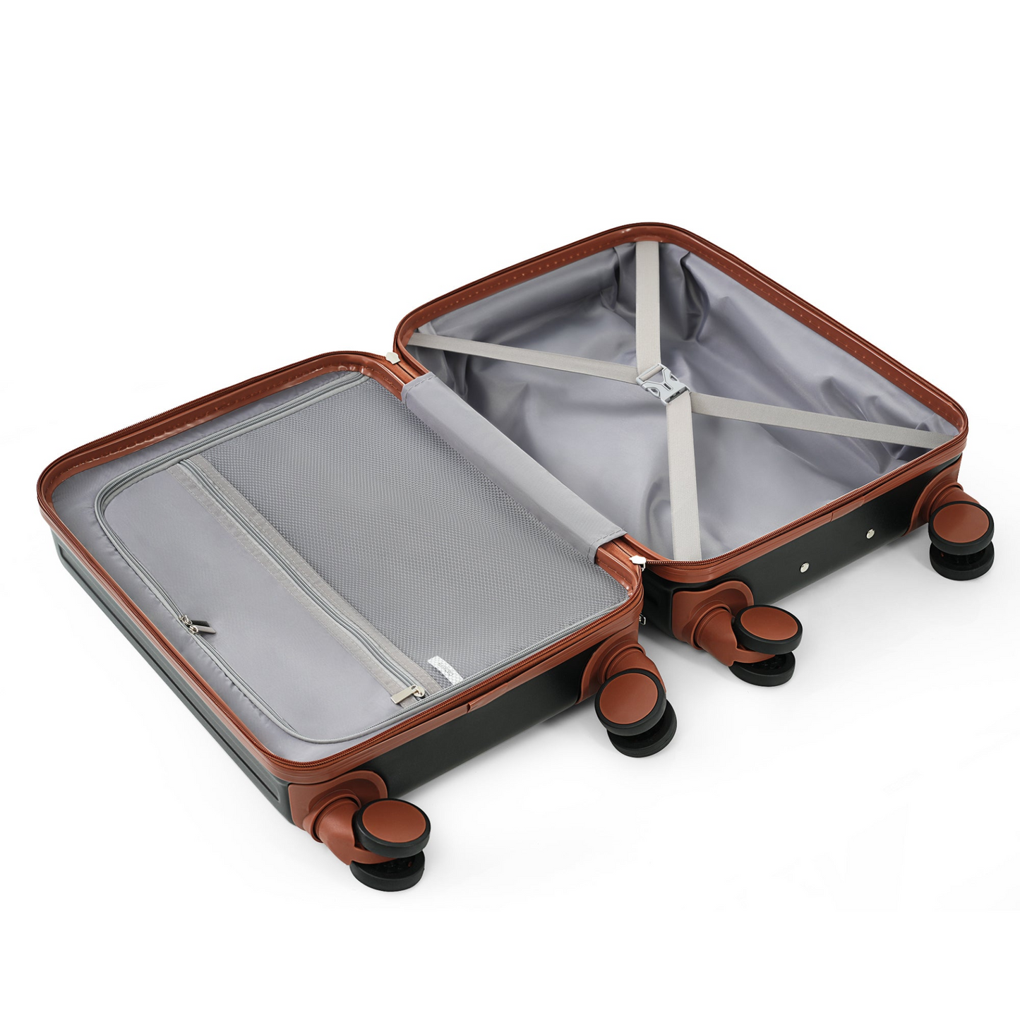Front Opening 20-Inch Carry-On Luggage with Expandable Travel Bag Set, ABS Hard Shell Two-piece suitcase set with USB Port , Cup Holder, black and brown