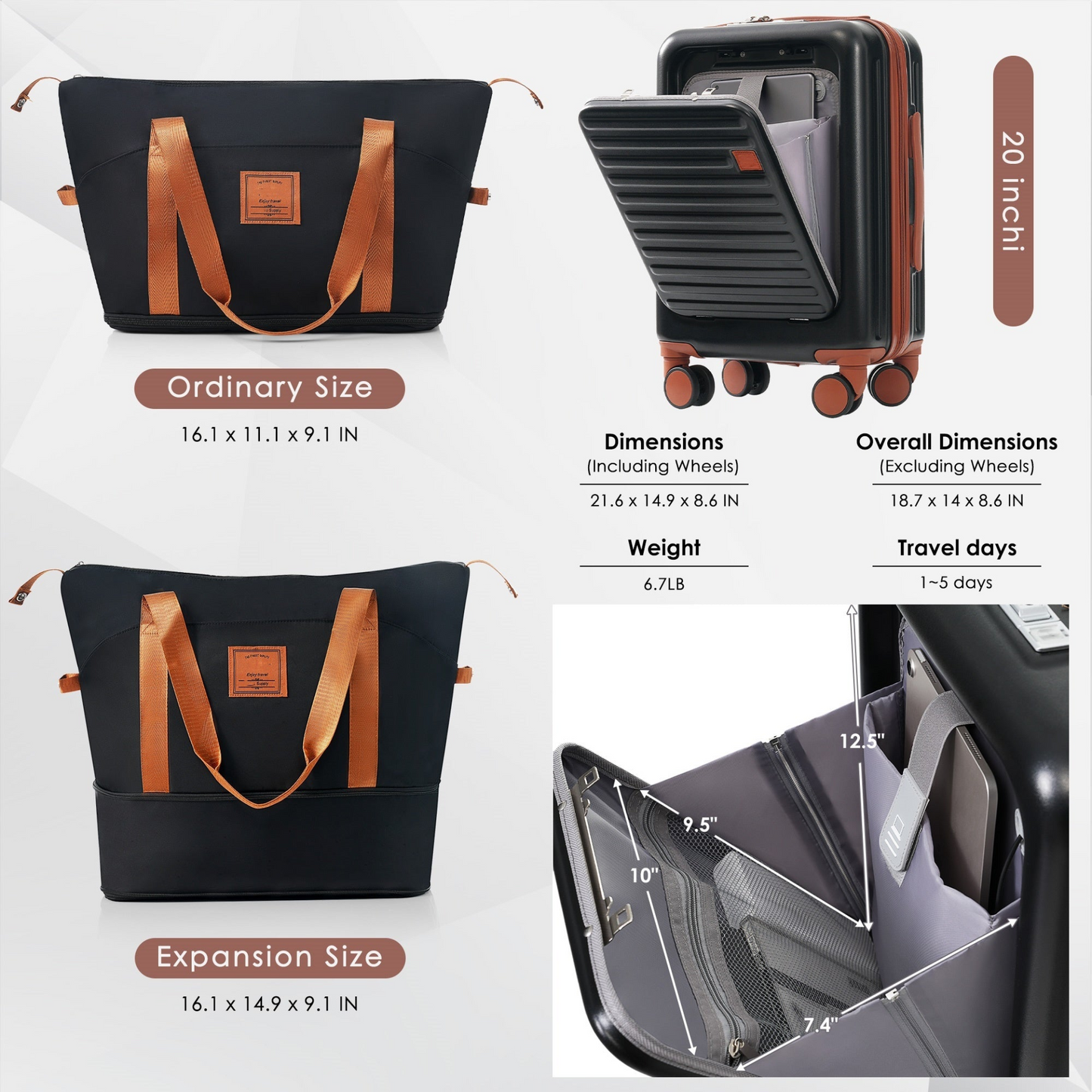 Front Opening 20-Inch Carry-On Luggage with Expandable Travel Bag Set, ABS Hard Shell Two-piece suitcase set with USB Port , Cup Holder, black and brown