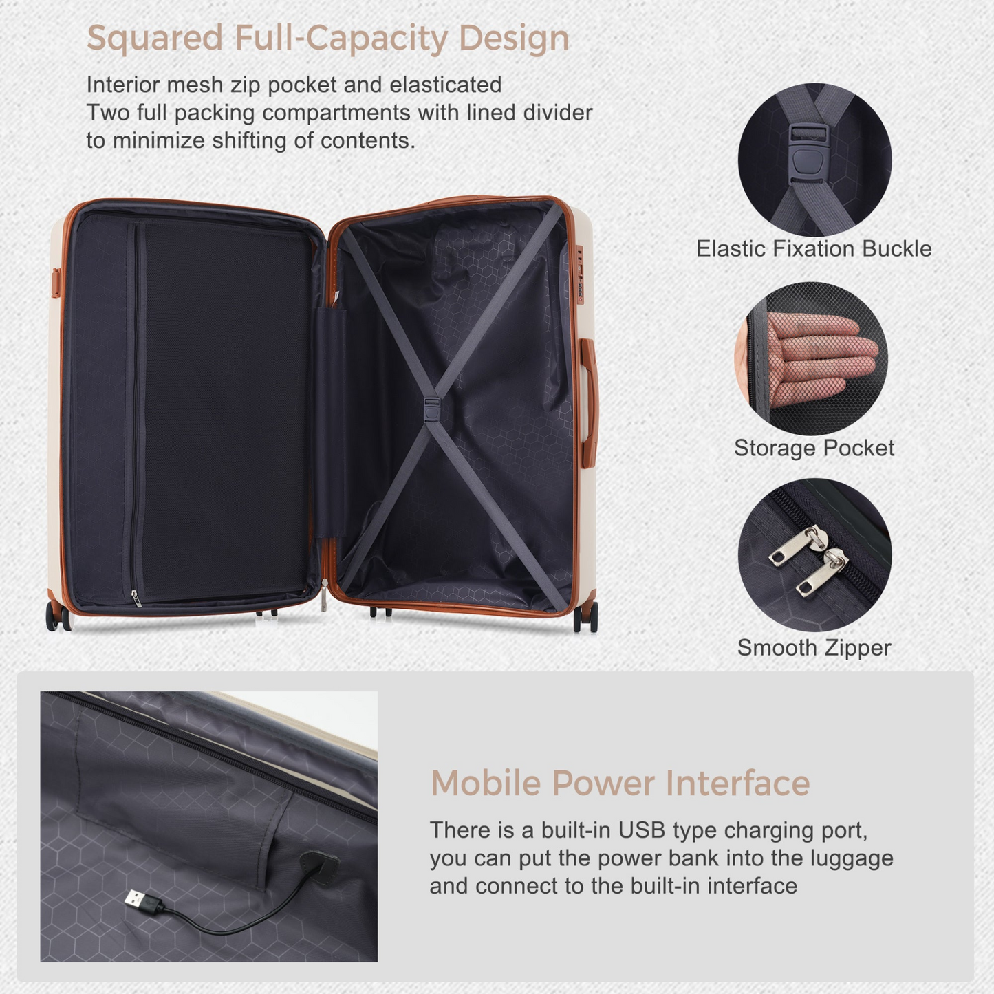 Luggage Sets 3 Piece Suitcase Set 20/24/28 with USB Port,Carry on Luggage Airline Approved,PP Lightweight Suitcase with Spinner Wheels,Ivory and Brown