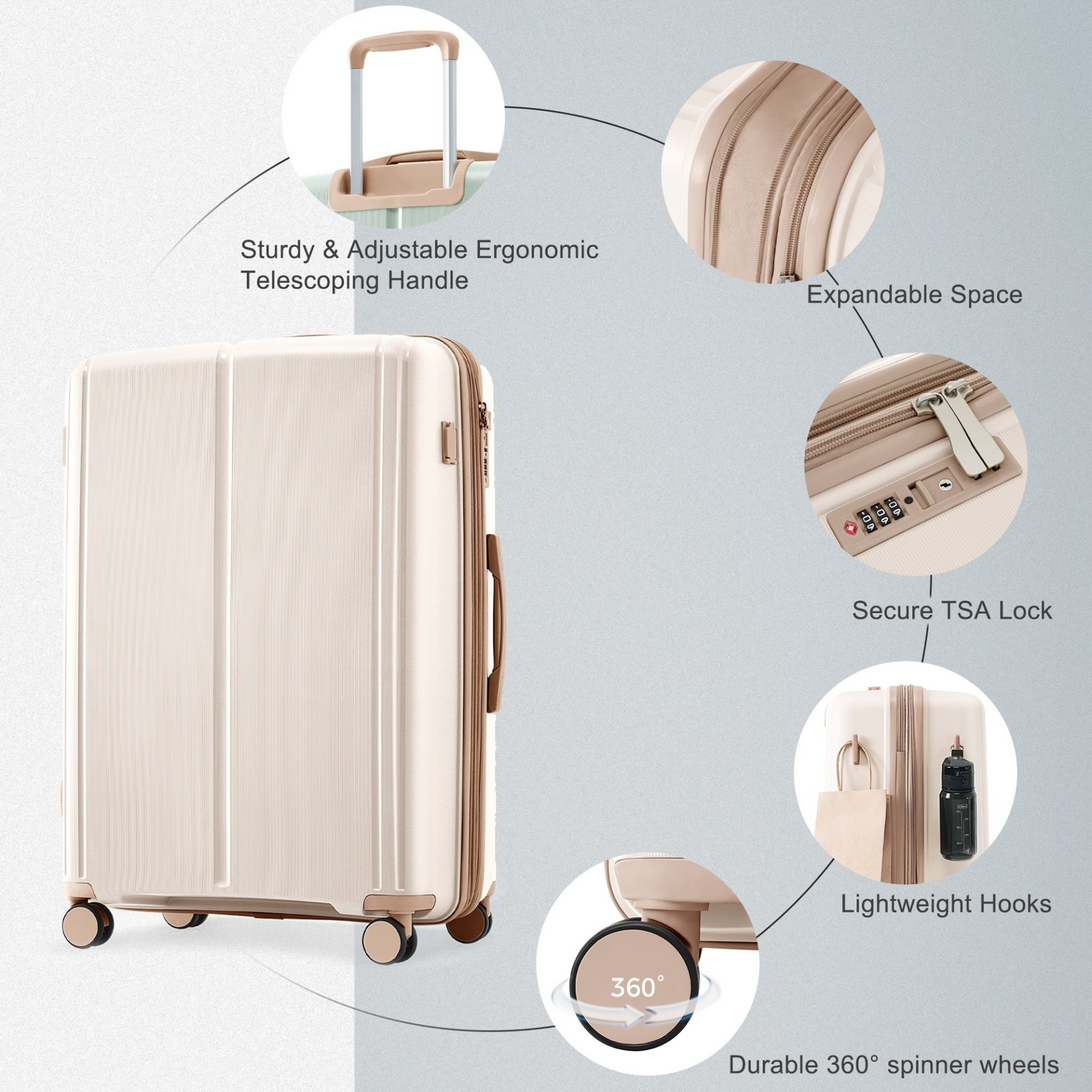 Luggage Sets 3 Piece Suitcase Set 20/24/28 with USB Port,Carry on Luggage Airline Approved,PP Lightweight Suitcase with Spinner Wheels,ivory and golden