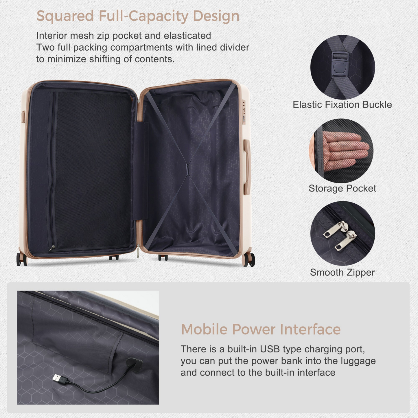 Luggage Sets 3 Piece Suitcase Set 20/24/28 with USB Port,Carry on Luggage Airline Approved,PP Lightweight Suitcase with Spinner Wheels,ivory and golden