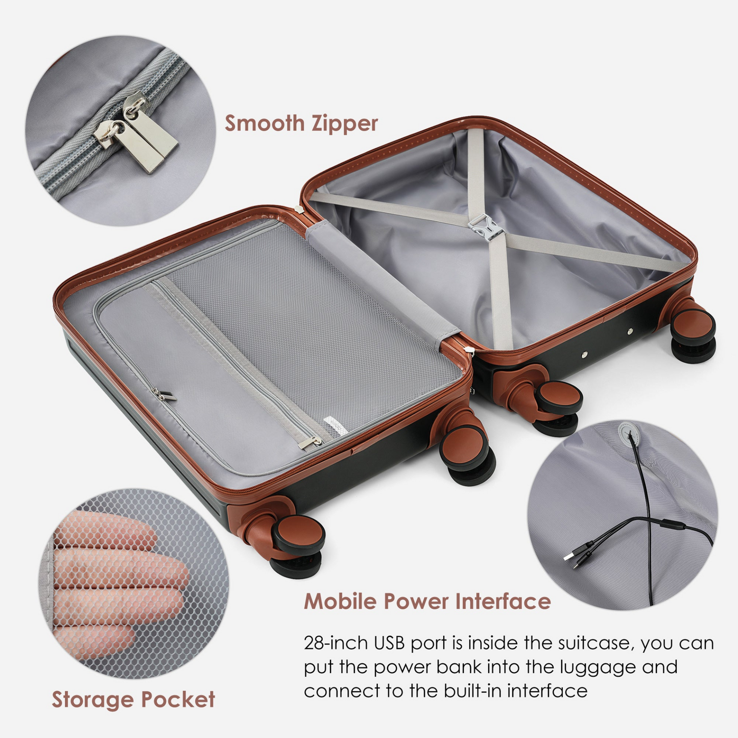 Luggage Set of 3, 20, 24, 28inch with USB Port, 20, 24inch with front opening design Airline Certified Carry on Luggage with Cup Holder, ABS Hard Shell Luggage with Spinner Wheels, black and brown