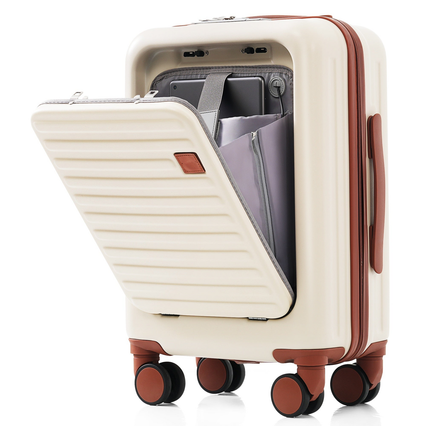 Luggage Set of 3, 20, 24, 28inch with USB Port, 20, 24inch with front opening design Airline Certified Carry on Luggage with Cup Holder, ABS Hard Shell Luggage with Spinner Wheels, ivory and brown