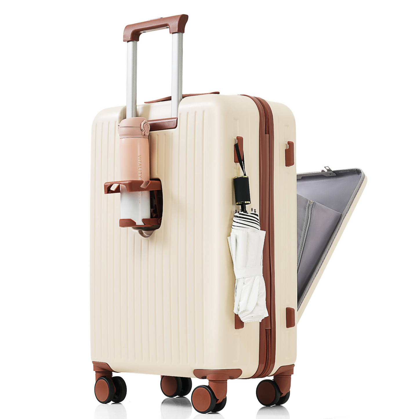 Luggage Set of 3, 20, 24, 28inch with USB Port, 20, 24inch with front opening design Airline Certified Carry on Luggage with Cup Holder, ABS Hard Shell Luggage with Spinner Wheels, ivory and brown