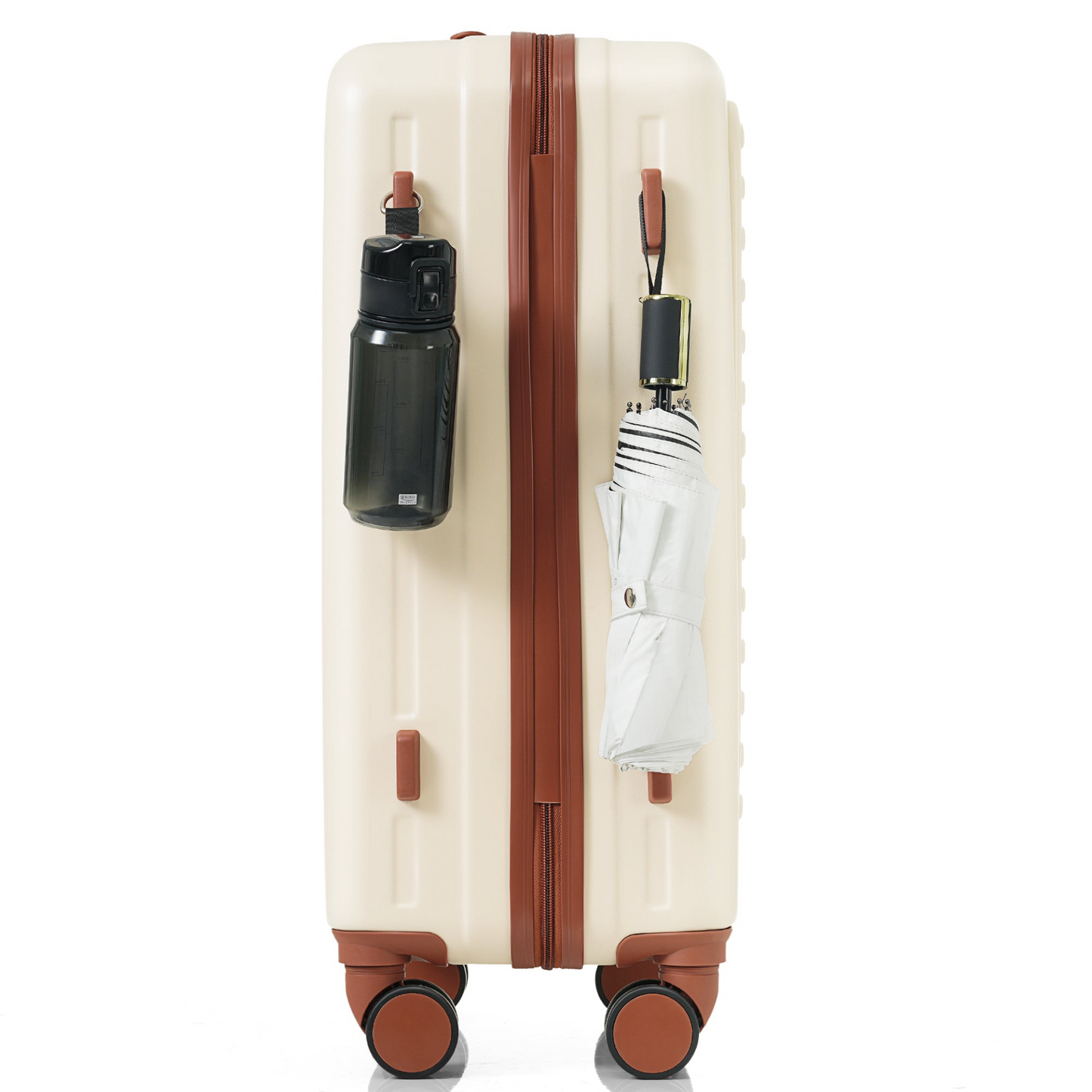 Luggage Set of 3, 20, 24, 28inch with USB Port, 20, 24inch with front opening design Airline Certified Carry on Luggage with Cup Holder, ABS Hard Shell Luggage with Spinner Wheels, ivory and brown