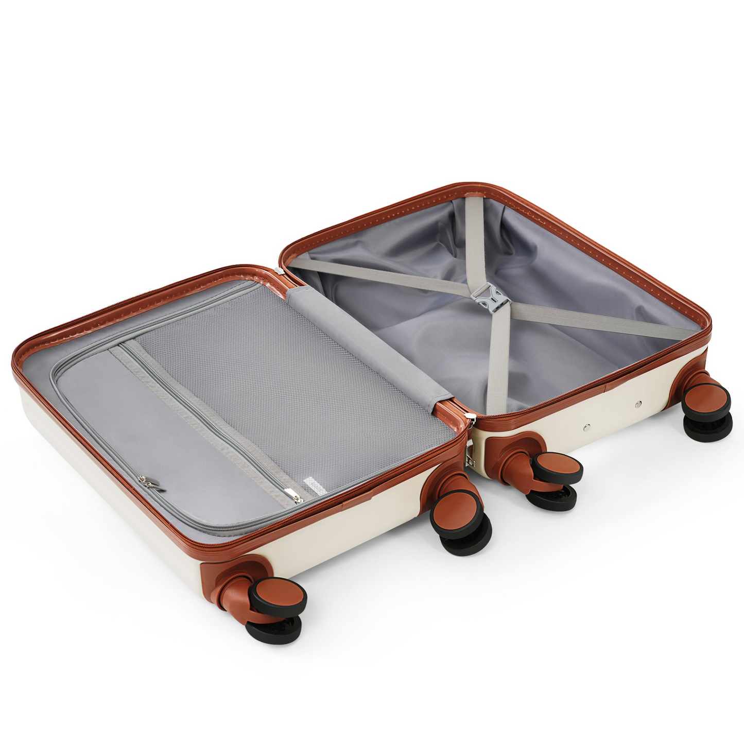 Luggage Set of 3, 20, 24, 28inch with USB Port, 20, 24inch with front opening design Airline Certified Carry on Luggage with Cup Holder, ABS Hard Shell Luggage with Spinner Wheels, ivory and brown