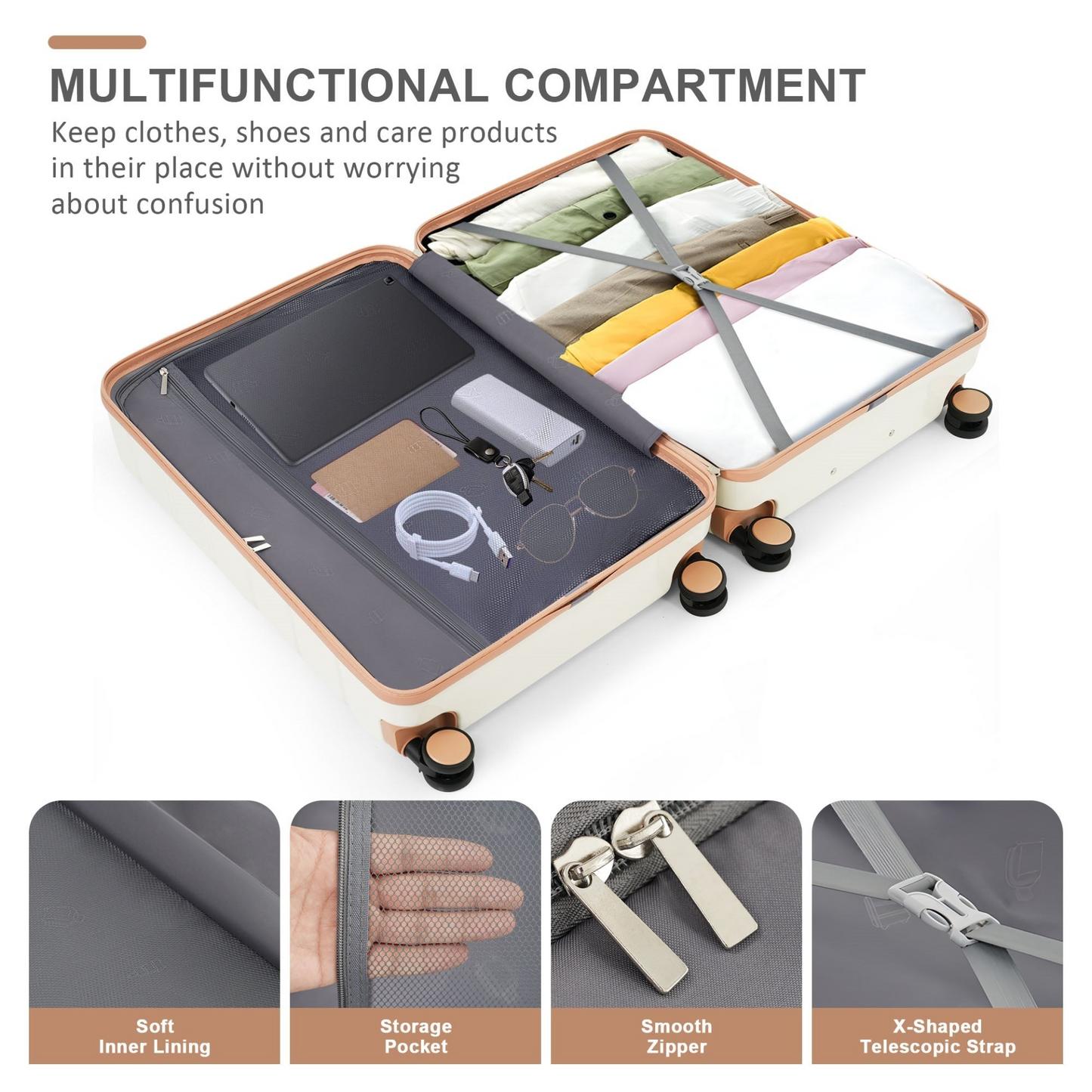 Luggage Sets 4 Piece, ABS Durable Suitcase with Travel Bag, ABS Hard Shell Luggage with Spinner Wheels, ivory and golden