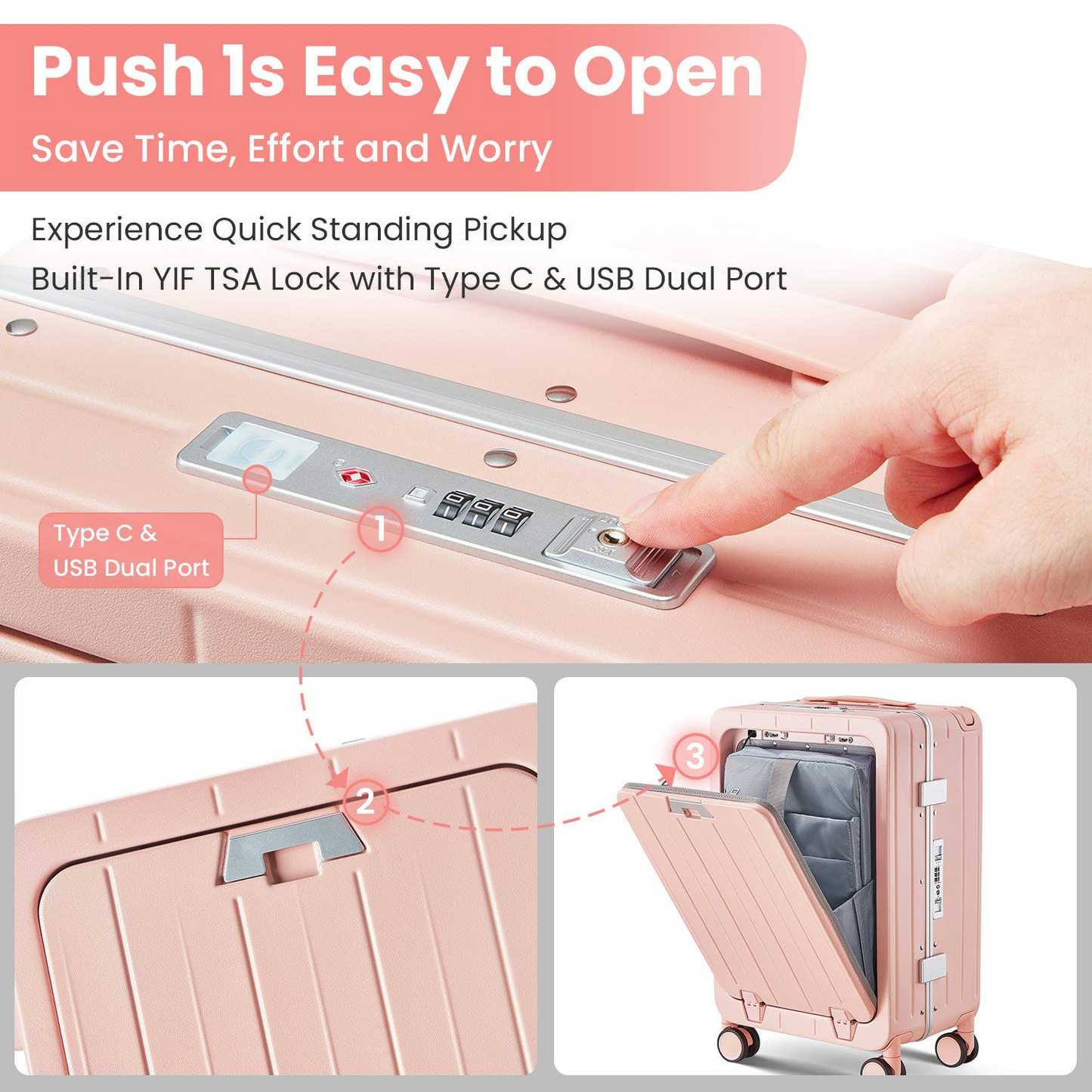Aluminum Frame 20 Inch with Front Open Carry-on Luggage, PC Hard Shell Suitcase, Bounce Wide Handle Pull Rod Luggage with 360°Double Wheels, Built-In TSA Lock, Airline Approved Suitcase for Business