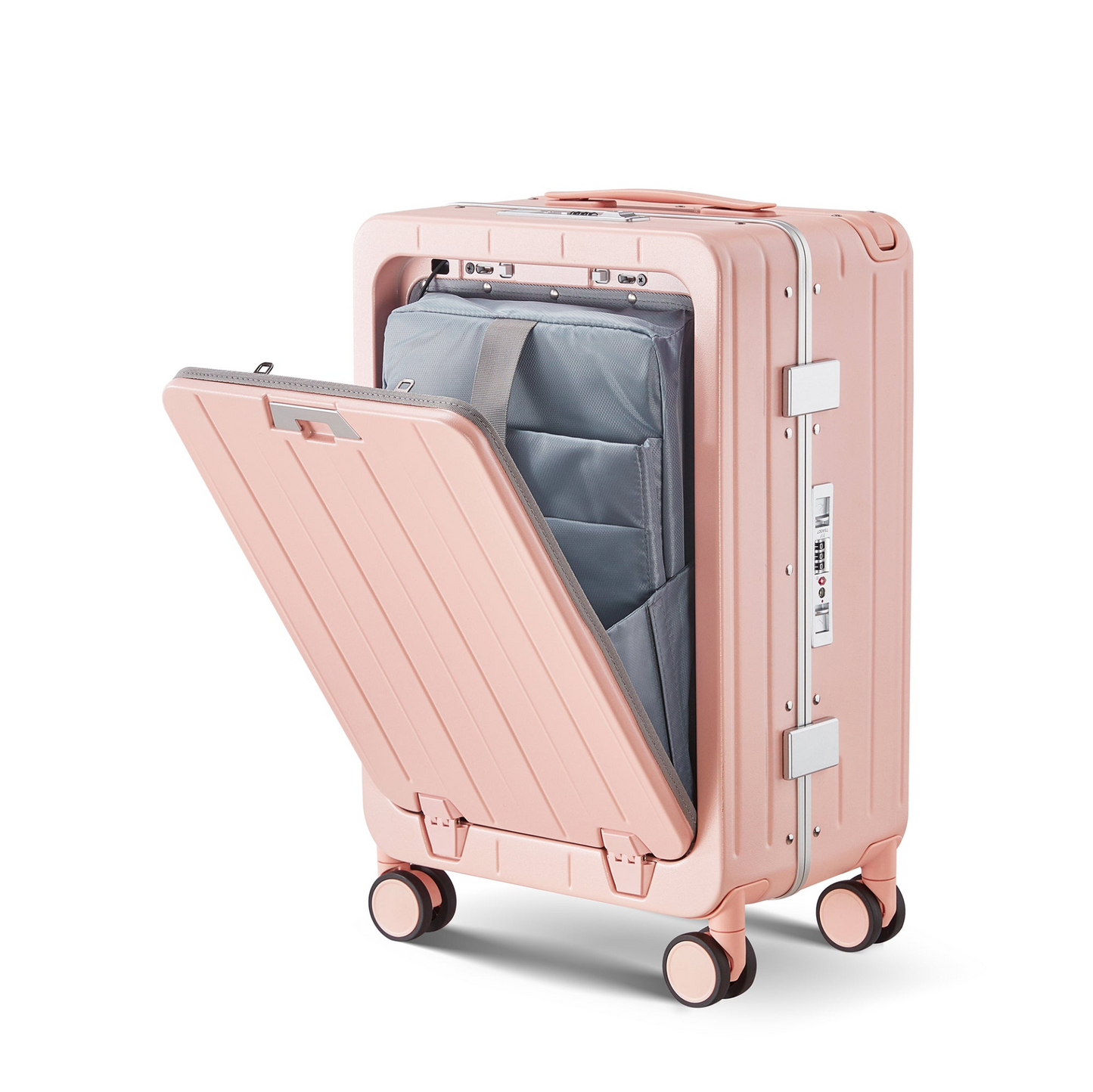 Aluminum Frame 20 Inch with Front Open Carry-on Luggage, PC Hard Shell Suitcase, Bounce Wide Handle Pull Rod Luggage with 360°Double Wheels, Built-In TSA Lock, Airline Approved Suitcase for Business