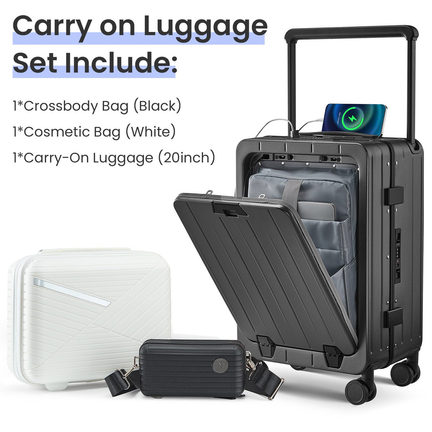 Aluminum Frame 20 Inch with Front Open Carry-on Luggage, PC Hard Shell Suitcase, Bounce Wide Handle Pull Rod Luggage with 360°Double Wheels, Built-In TSA Lock, Airline Approved Suitcase for Business