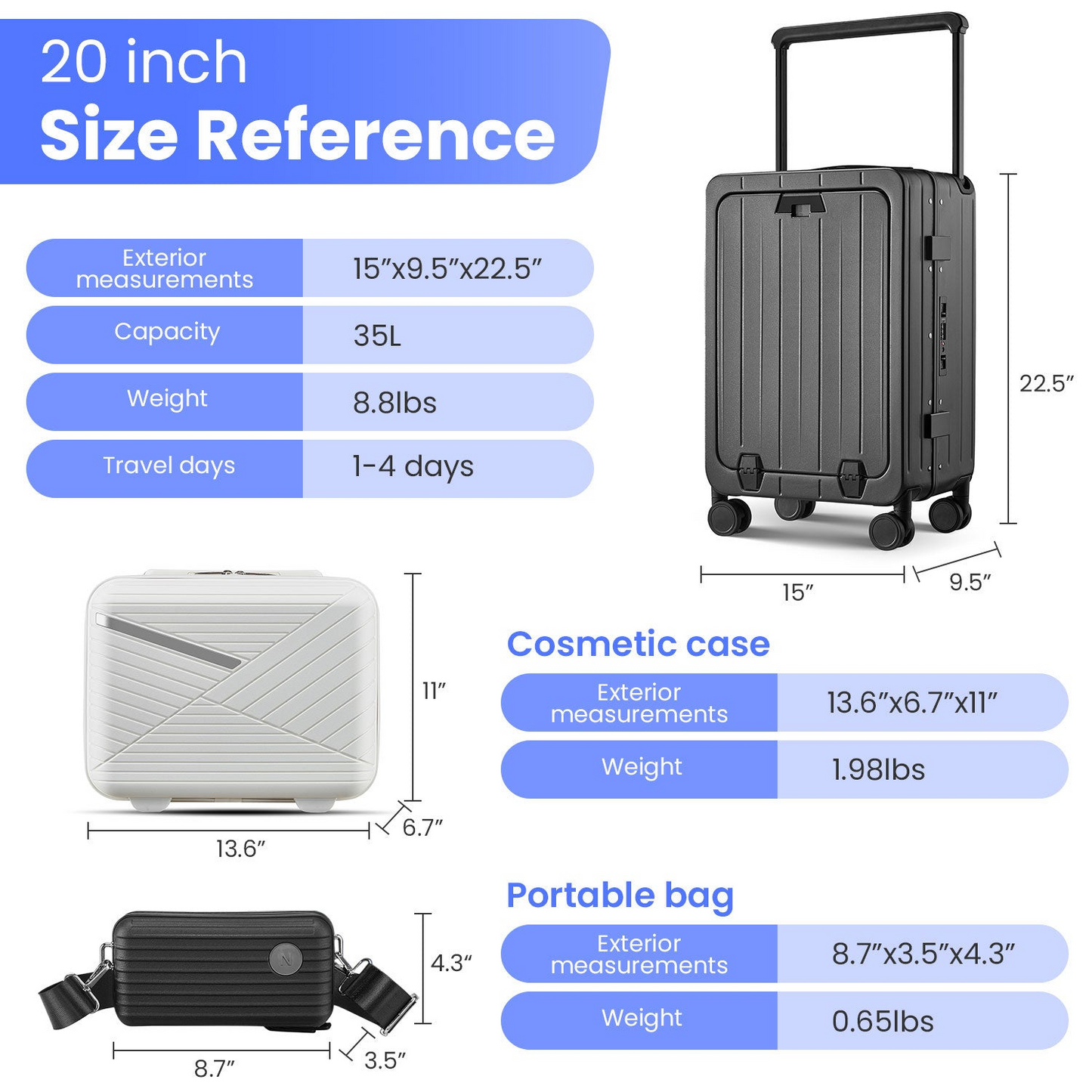 Aluminum Frame 20 Inch with Front Open Carry-on Luggage, PC Hard Shell Suitcase, Bounce Wide Handle Pull Rod Luggage with 360°Double Wheels, Built-In TSA Lock, Airline Approved Suitcase for Business