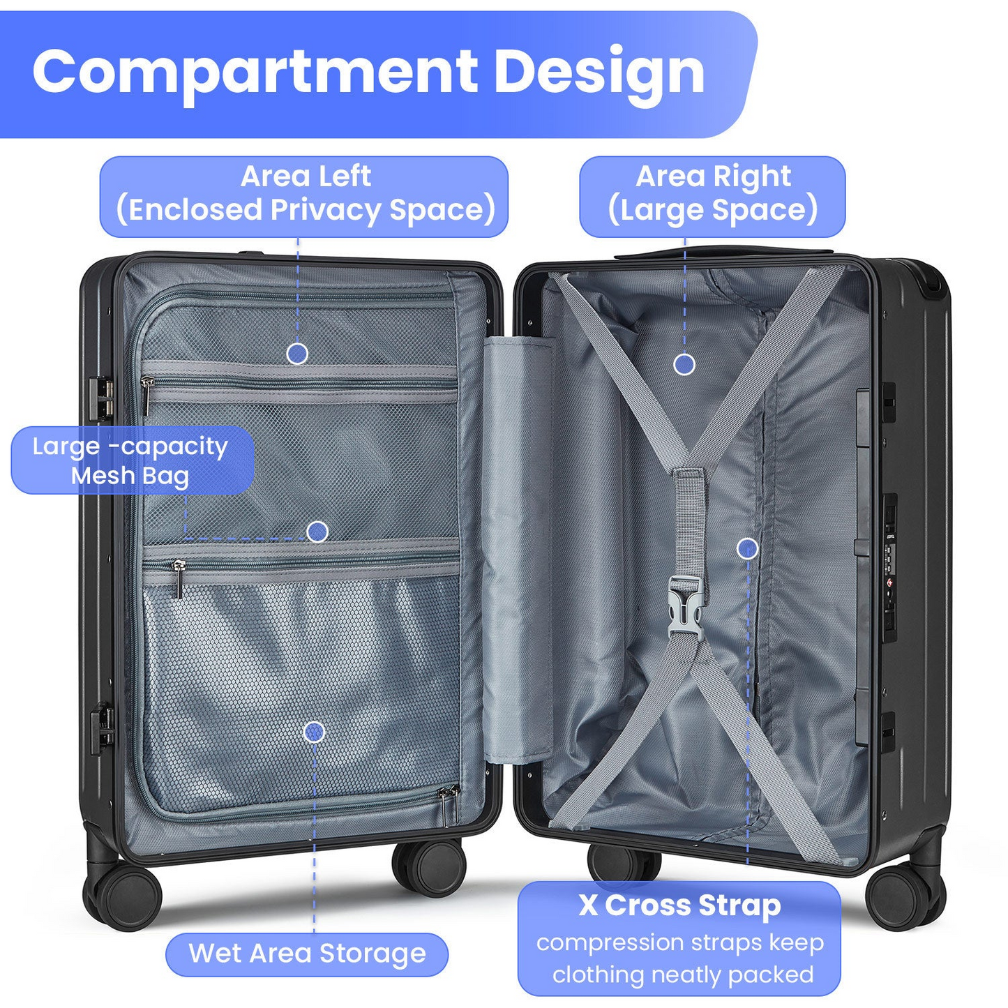 Aluminum Frame 20 Inch with Front Open Carry-on Luggage, PC Hard Shell Suitcase, Bounce Wide Handle Pull Rod Luggage with 360°Double Wheels, Built-In TSA Lock, Airline Approved Suitcase for Business