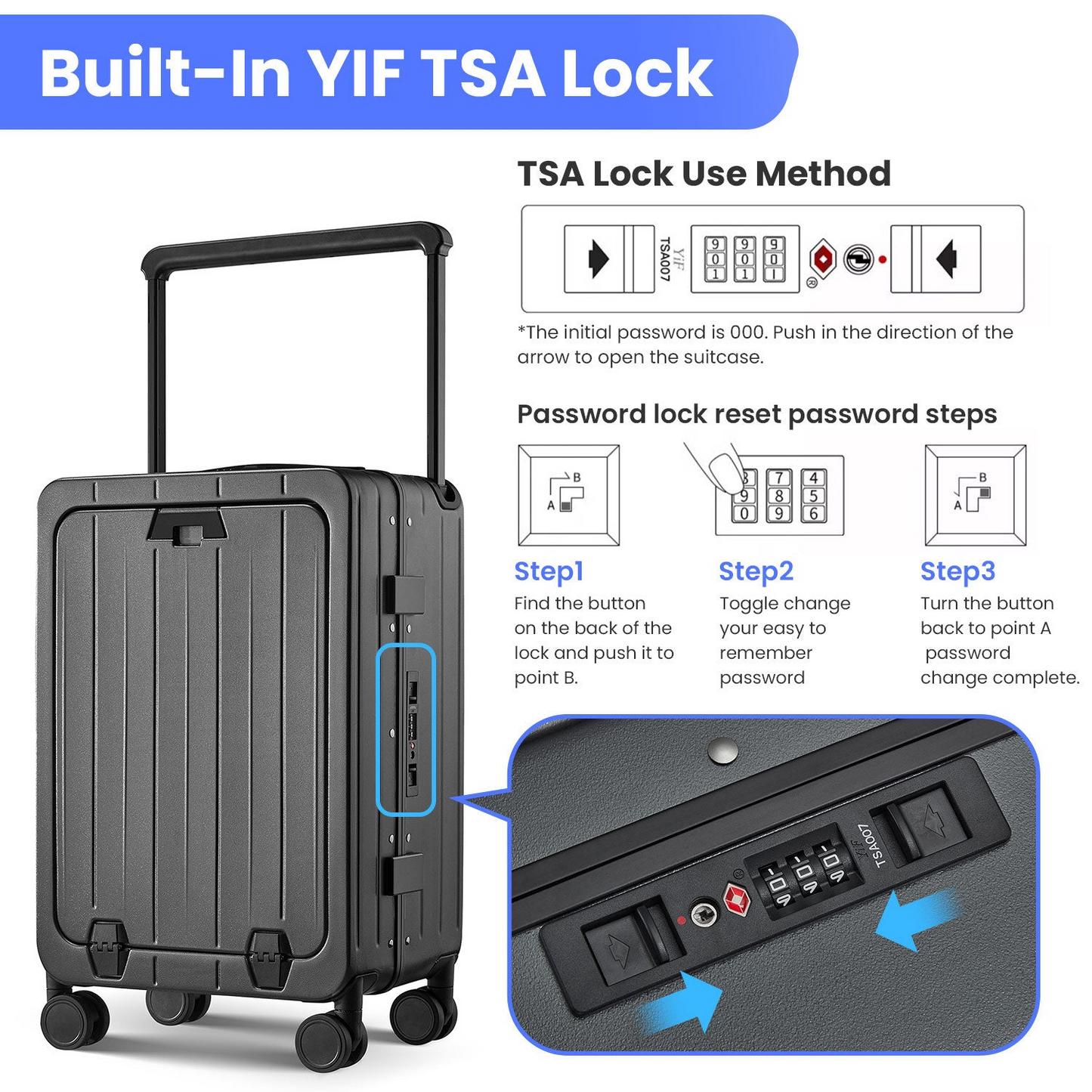 Aluminum Frame 20 Inch with Front Open Carry-on Luggage, PC Hard Shell Suitcase, Bounce Wide Handle Pull Rod Luggage with 360°Double Wheels, Built-In TSA Lock, Airline Approved Suitcase for Business
