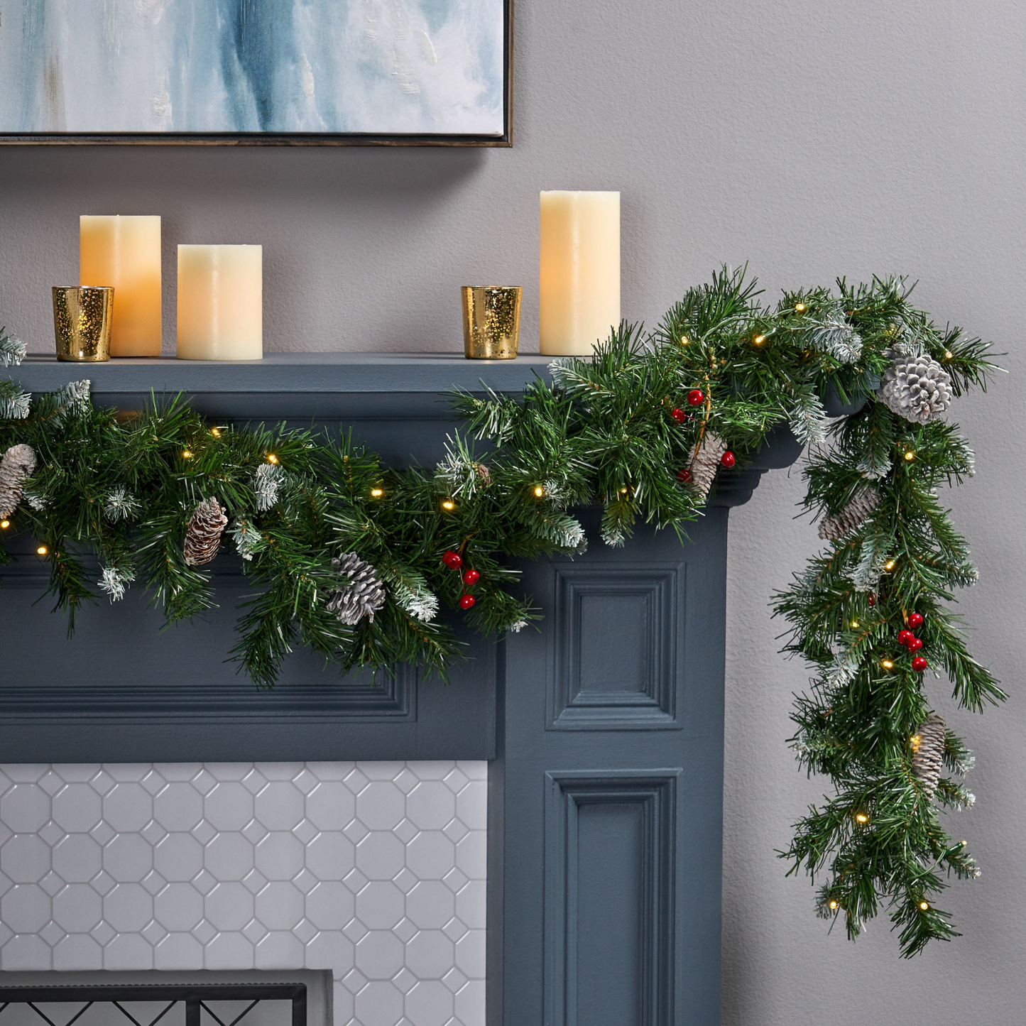 2-packed 9'X10'' Mixed Frosted Garland with 20 Pine Cones and 10 Red Berry with 50 Warm White LED Lights with Timer-Battery Operated-Outdoor, 200 Tips