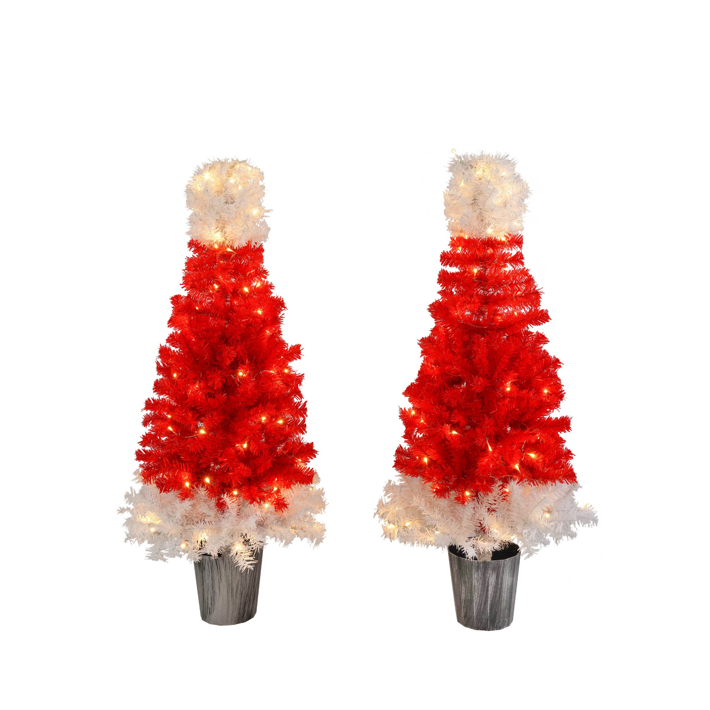 Lighted Santa Hat Style Christmas Tree Set of 2, 4ft Artificial Tree with Warm White Lights, Christmas Tree for Decoration Inside and Outside