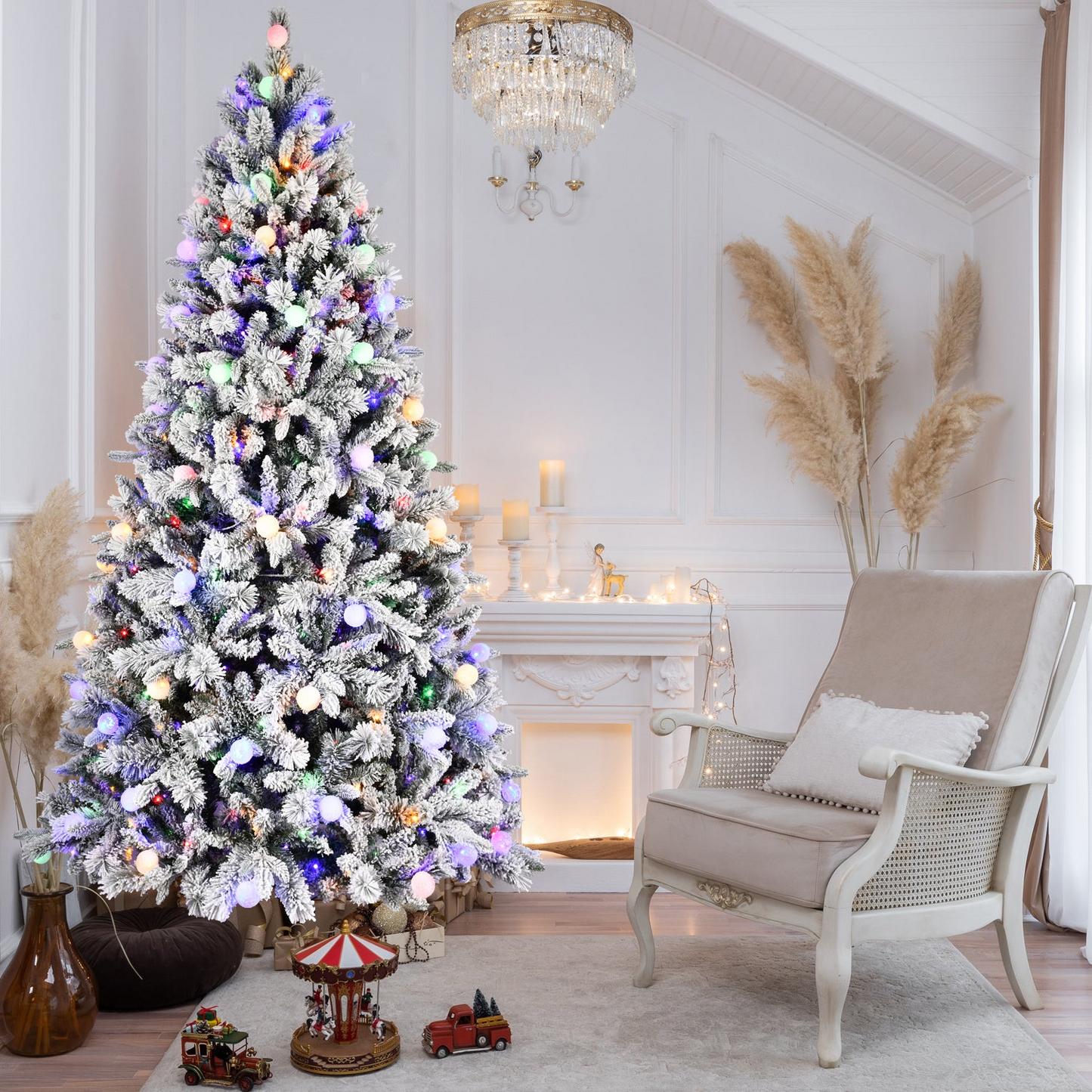 8FT PE+PVC Floceked Christmas Tree with Easy Power & Memory Wire Technology, 470 Dual-Color LEDs With 10 Function, G45 Bulbs, and 1793 Tips , Innovative Holiday Experience!